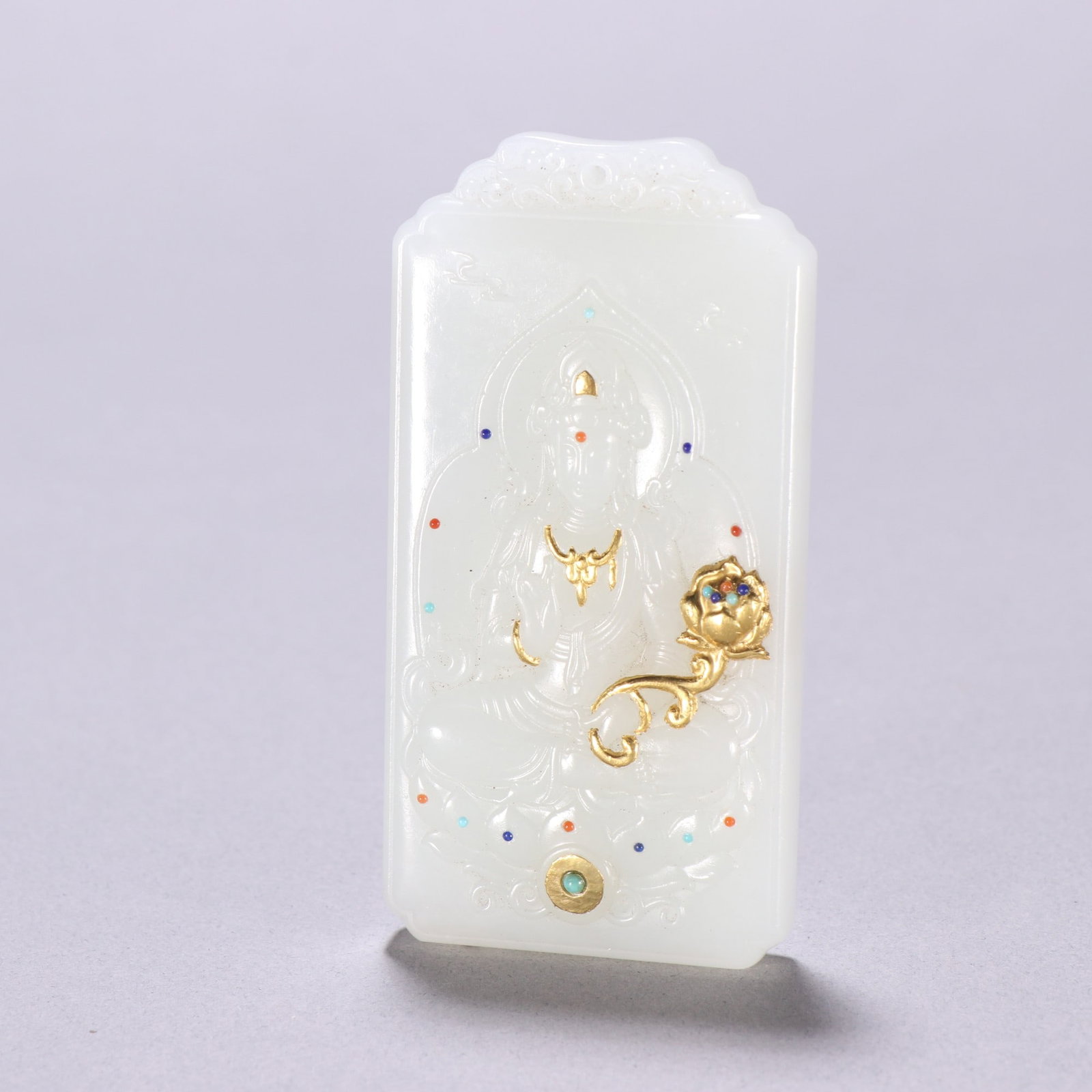 A Exquisite Hotan Jade Cover with Gold Statue of Avalokitesvara Brand: A Exquisite Hotan Jade Cover with Gold Statue of Avalokitesvara Brand,Qing Dynasty, China,Size:3.1inx1.6in,Weight:88.6g