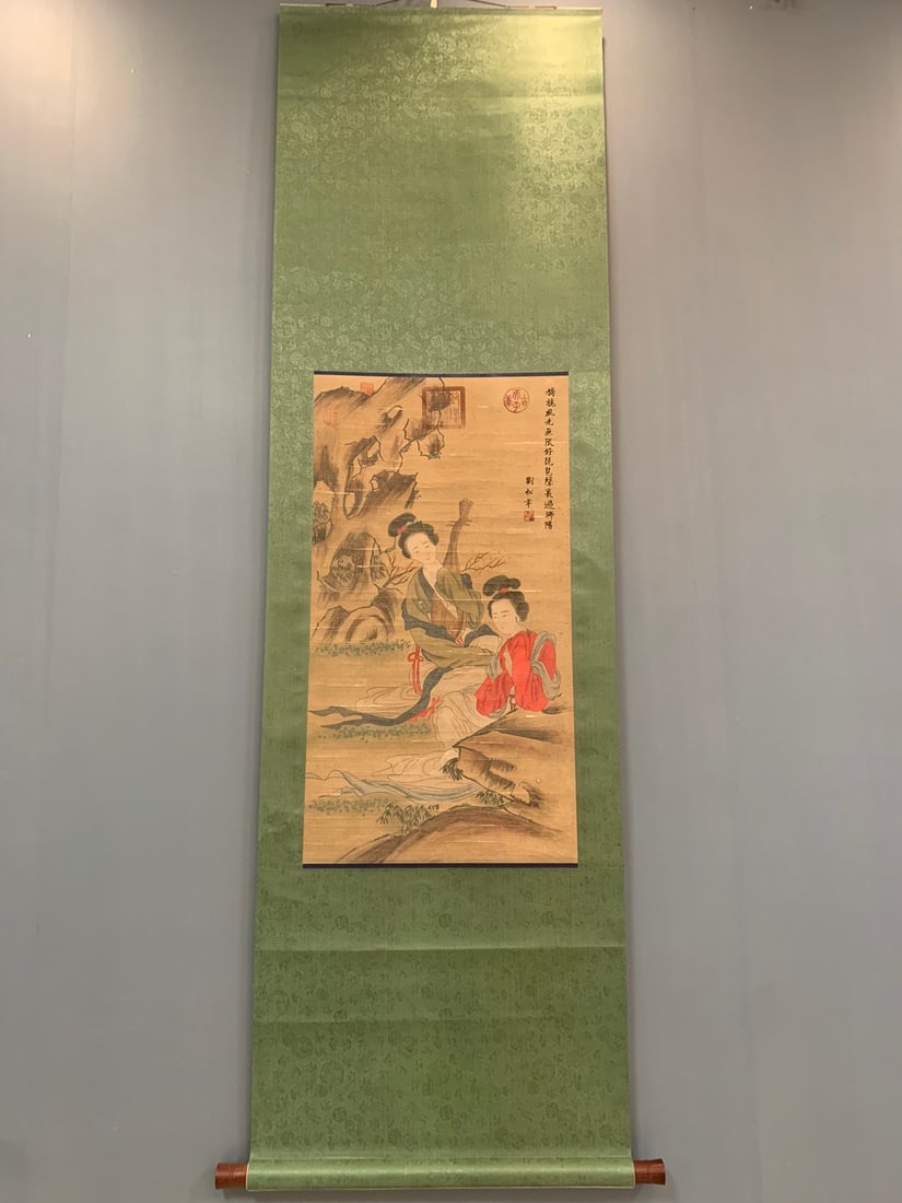 A Chinese Vertical Scroll Ink Painting of Figures on Silk: A Chinese Vertical Scroll Ink Painting of Figures on Silk,Song Dynasty, China,Liu Songnian,without frame size:17.7inx33.5in