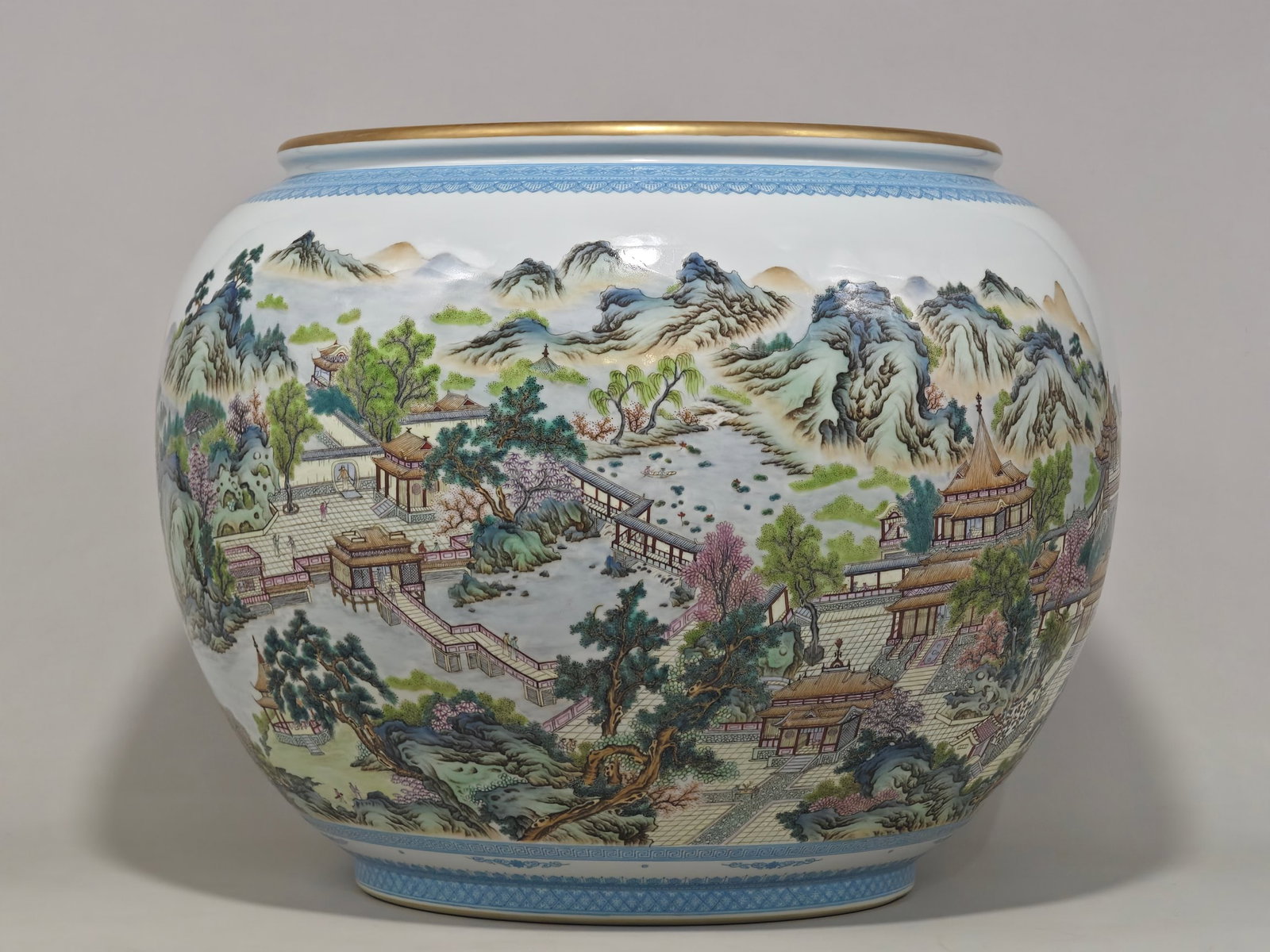 A Exquisite Famille-Rose Landscape Pattern Vat: A Exquisite Famille-Rose Landscape Pattern Vat,Qing Dynasty, China,Qianlong Six-character Mark,Size:13.4inx16.9in
