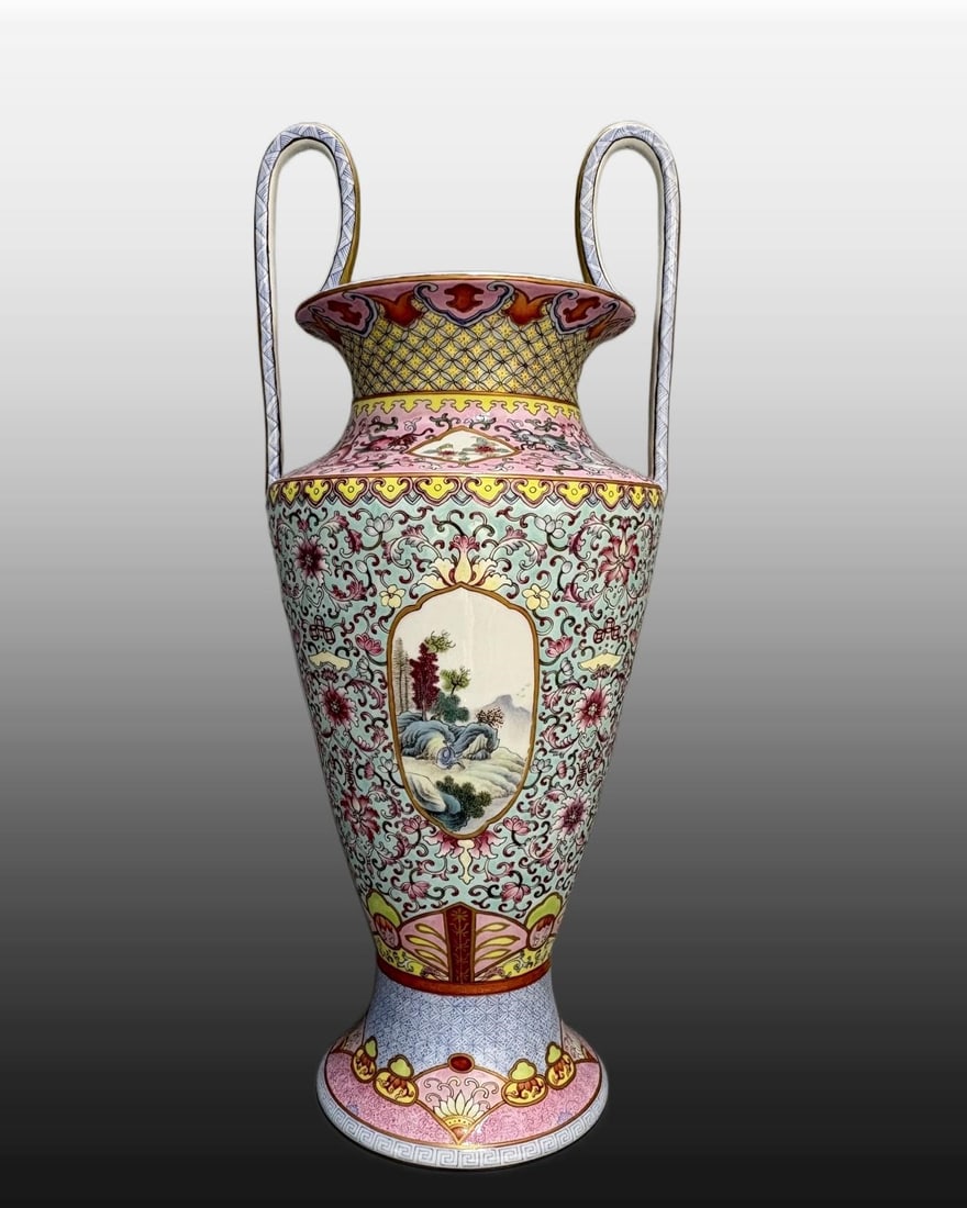 A Exquisite Famille-Rose Landscape Flower and Bird Pattern Double-Ears Vase: A Exquisite Famille-Rose Landscape Flower and Bird Pattern Double-Ears Vase,Republic of China,With Mark,Size:17.9inx8.3in 粉彩山水花鸟纹双耳ல