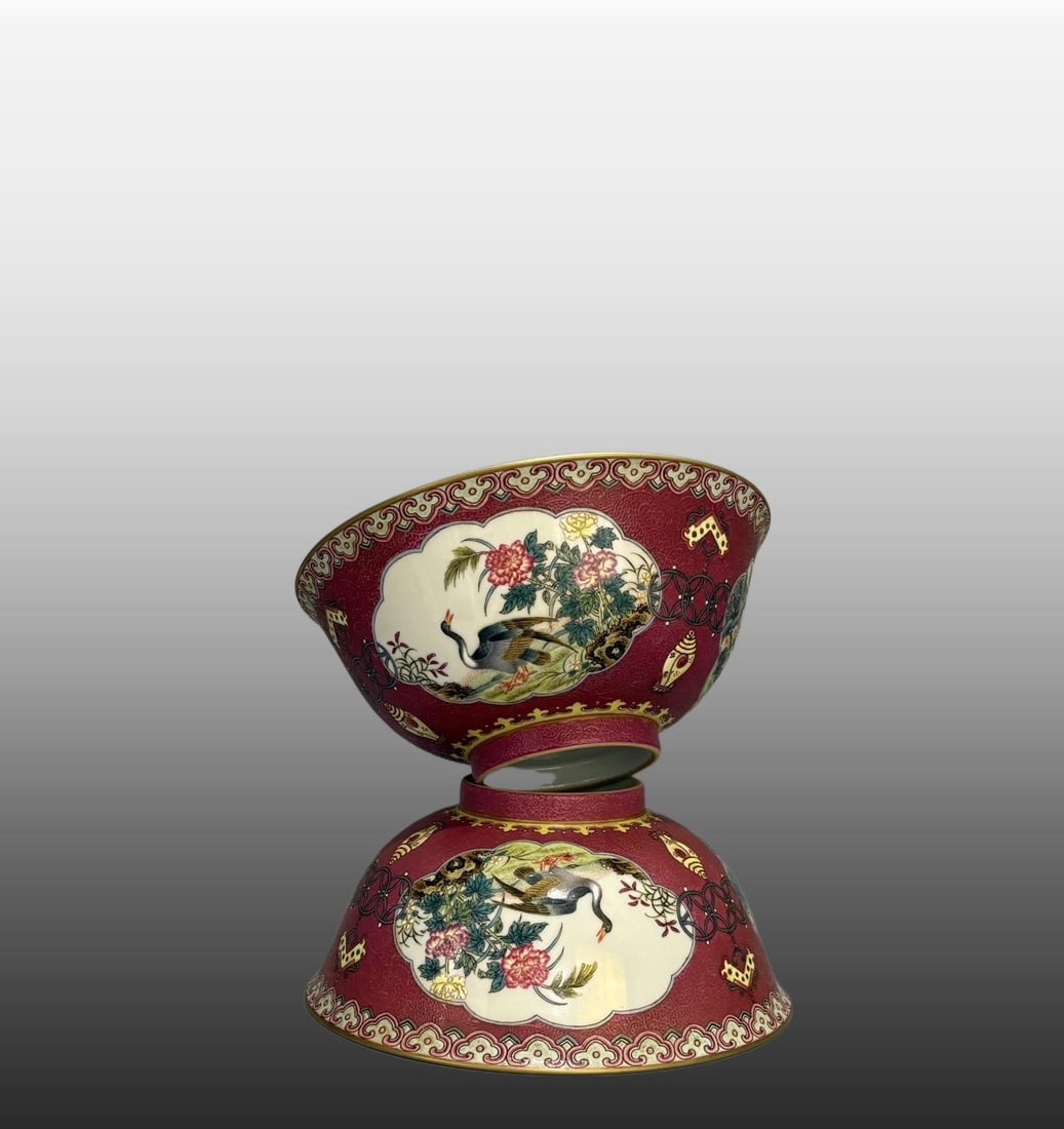 A pair of Exquisite Ruby Red-Ground Flower and Bird Pattern Bowl: A pair of Exquisite Ruby Red-Ground Flower and Bird Pattern Bowl,Qing Dynasty, China,Yongzheng Four-character Mark,Size:3inx6.7in
