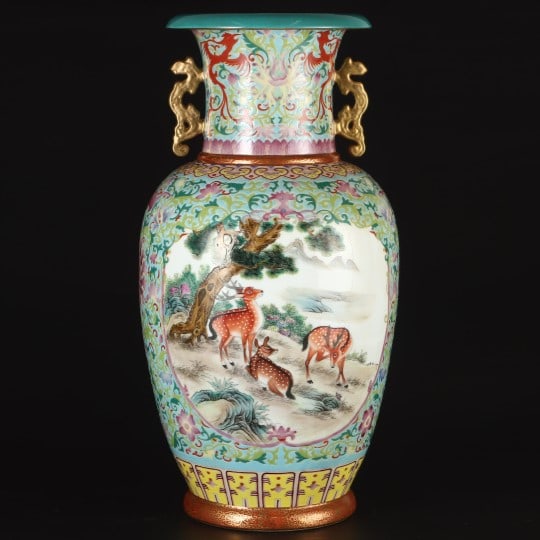 A Exquisite Enamel Auspicious Beast Pattern Vase: A Exquisite Enamel Auspicious Beast Pattern Vase,Qing Dynasty, China,Yongzheng Four-character Mark,Size:20.1inx10.6in 珐琅彩瑞兽纹瓶,中国清&