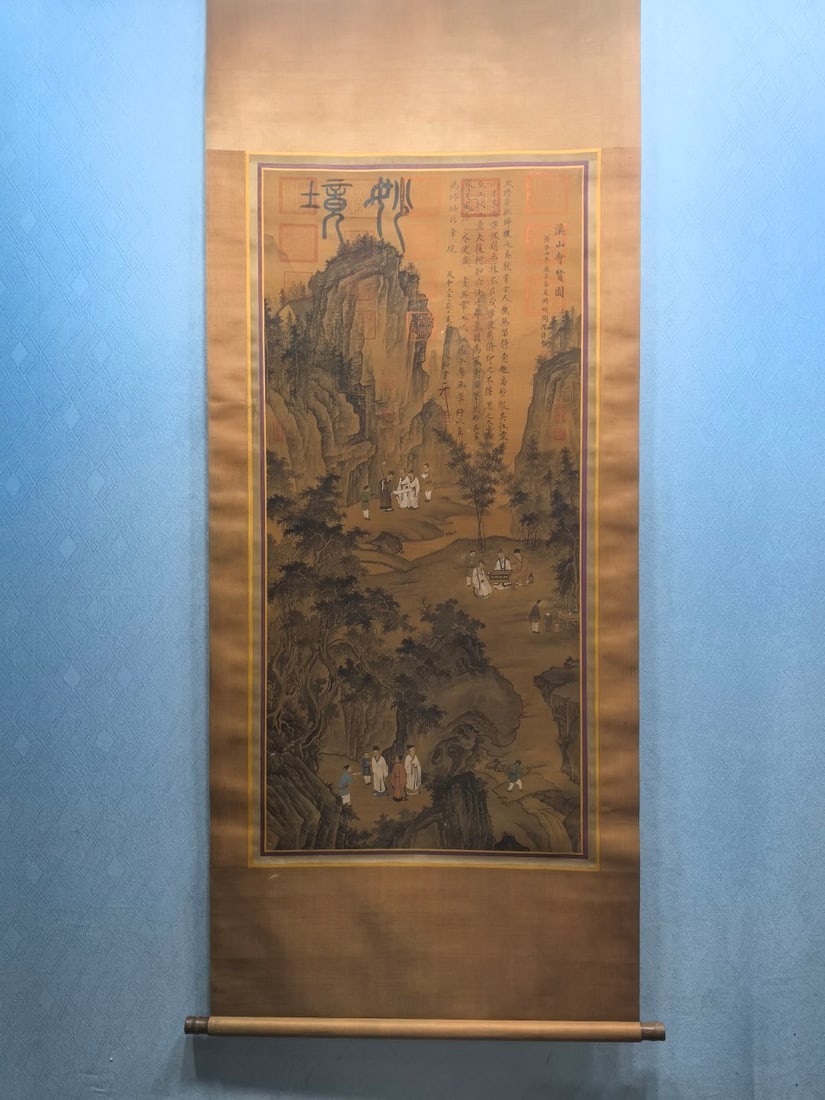 A Chinese Vertical Scroll Ink Painting of Figures on Silk: A Chinese Vertical Scroll Ink Painting of Figures on Silk,Jin Dynasty, China,Tao Yuanming,without frame size:25.6inx55.1in