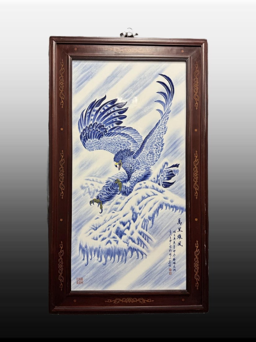 A Exquisite Blue and White Eagle Pattern Porcelain Plate: A Exquisite Blue and White Eagle Pattern Porcelain Plate,Republic of China,Size:52.8inx30.7in 青花鹰纹瓷板画,民国