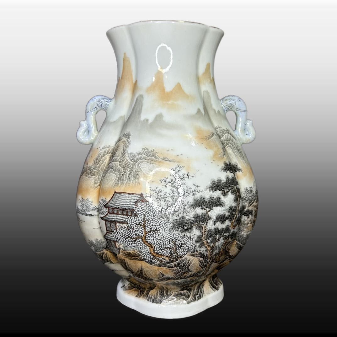 A Exquisite Ink Color Landscape Pattern Vase: A Exquisite Ink Color Landscape Pattern Vase,Qing Dynasty, China,Qianlong Six-character Mark,Size:8.3inx13.8in 墨彩山水纹瓶,中国清代,乾