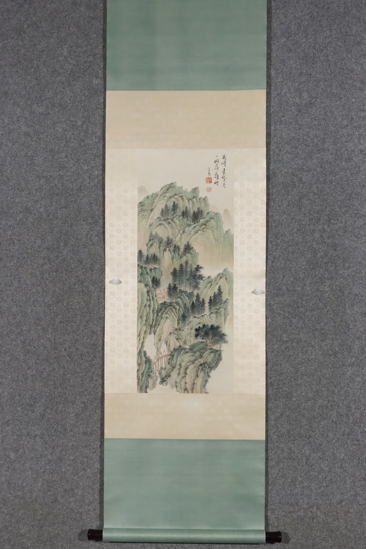 A Chinese Vertical Scroll Ink Painting of Landscape on Paper: A Chinese Vertical Scroll Ink Painting of Landscape on Paper,Modern Time of China,Pu Ru,without frame size:29.1inx11.4in 一幅中国水墨纸本山水