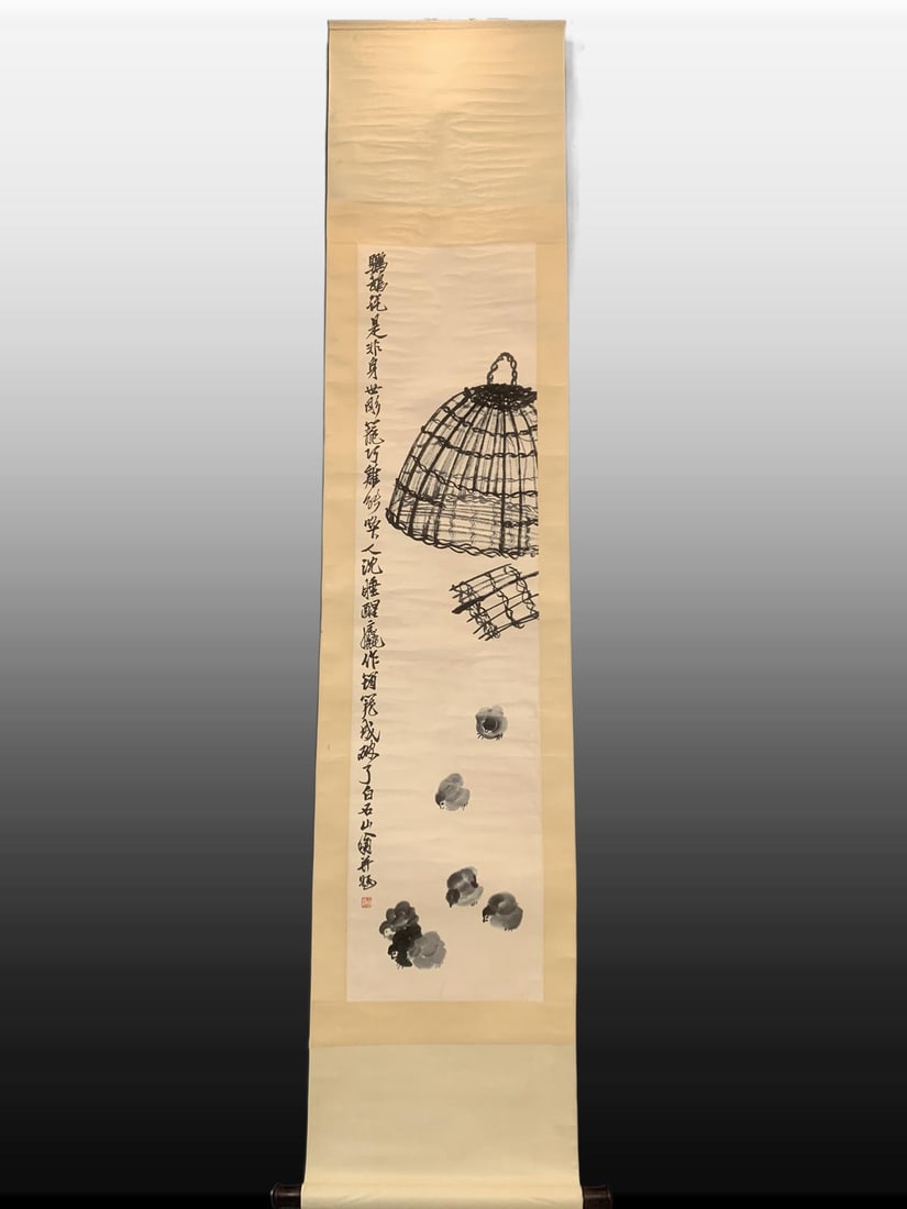A Chinese Vertical Scroll Ink Painting of Birds on Paper: A Chinese Vertical Scroll Ink Painting of Birds on Paper,Modern Time of China,Qi Baishi,without frame size:13.8inx53.1in
