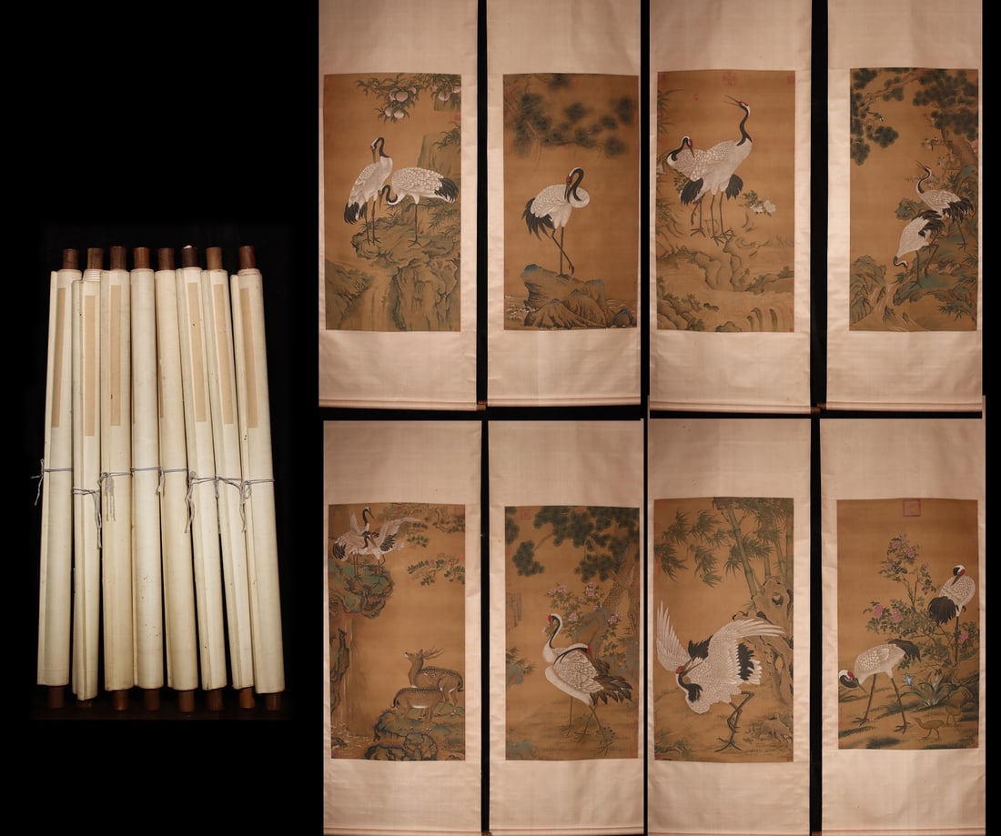 A Set of Chinese Vertical Scroll Ink Painting of Pine and Crane on Silk: A Set of Chinese Vertical Scroll Ink Painting of Pine and Crane on Silk,Qing Dynasty, China,Giuseppe Castiglione,without frame size:48inx23.6in