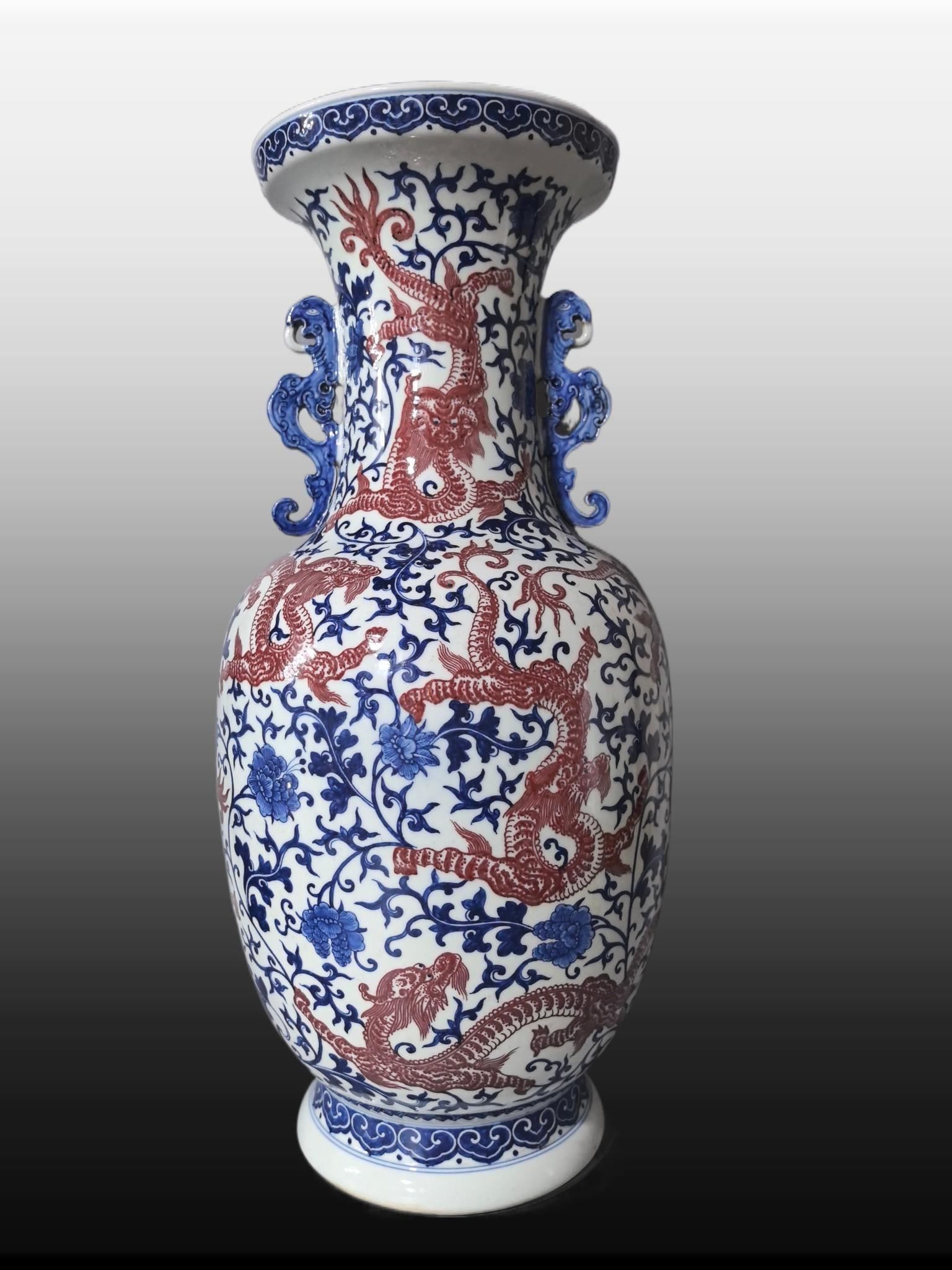 A Exquisite Blue and White Underglaze-Red Lotus Dragon Pattern Double-Ears Vase: A Exquisite Blue and White Underglaze-Red Lotus Dragon Pattern Double-Ears Vase,Qing Dynasty, China,Qianlong Six-character Mark,Size:23.4inx8inx11inx7.6in