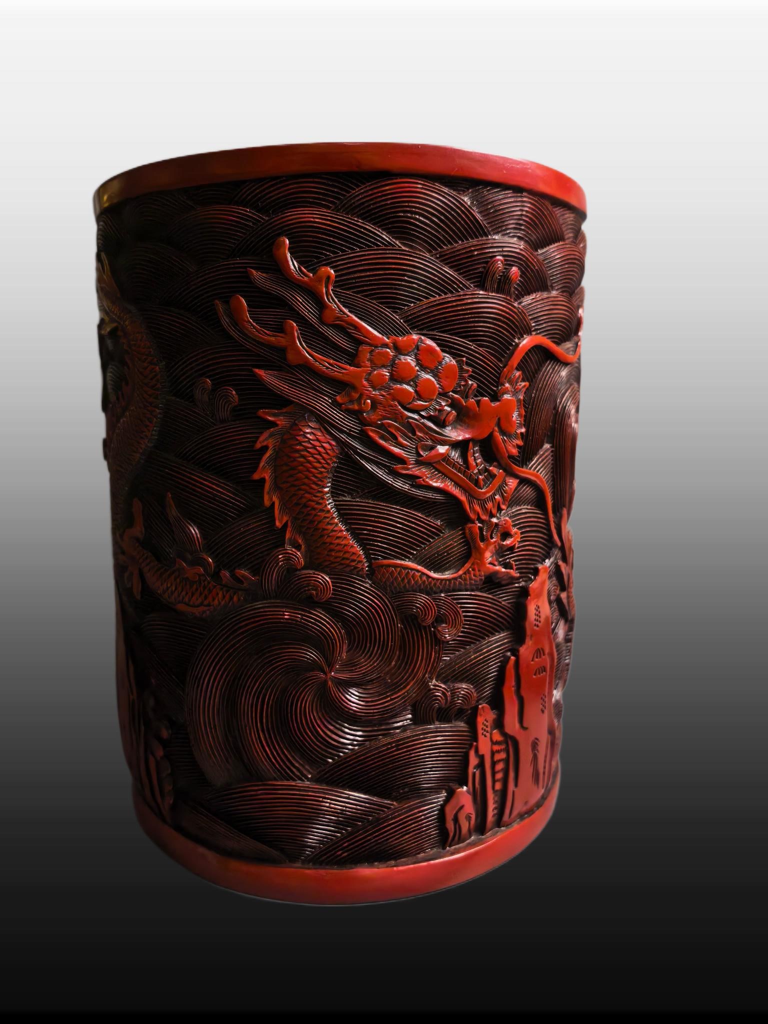 A Exquisite Carved Red Lacquer Dragon Pattern Brush Pot: A Exquisite Carved Red Lacquer Dragon Pattern Brush Pot,Qing Dynasty, China,Qianlong Six-character Mark,Size:7.5inx9.4in,Weight:2800g