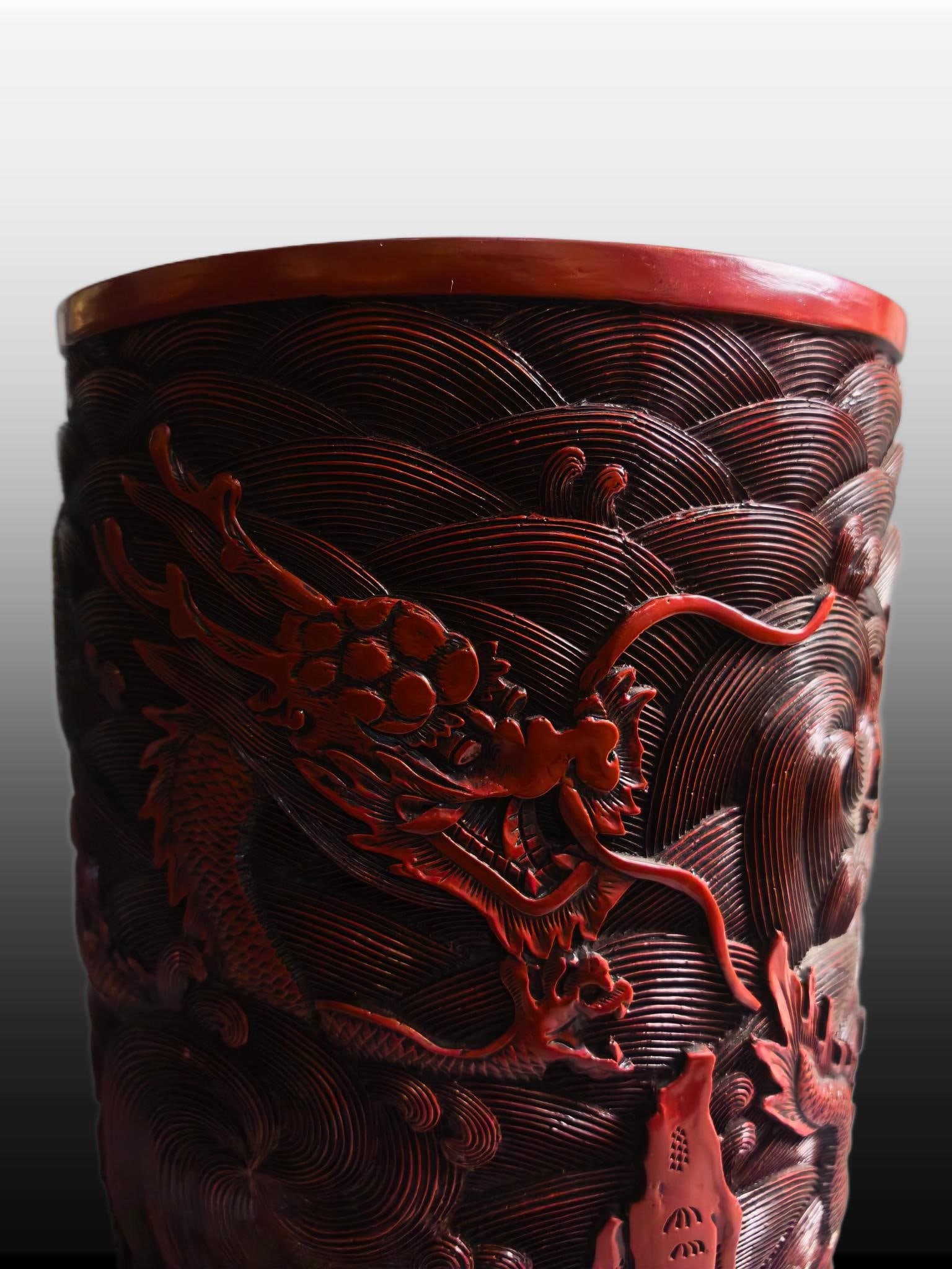 A Exquisite Carved Red Lacquer Dragon Pattern Brush Pot - 2
