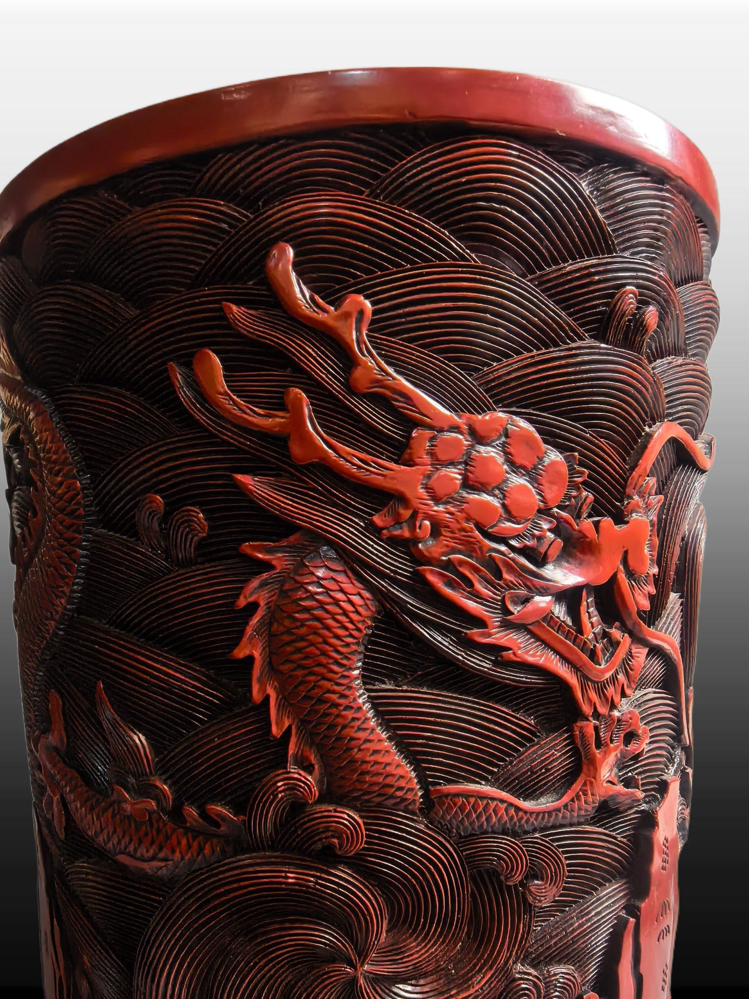 A Exquisite Carved Red Lacquer Dragon Pattern Brush Pot - 5