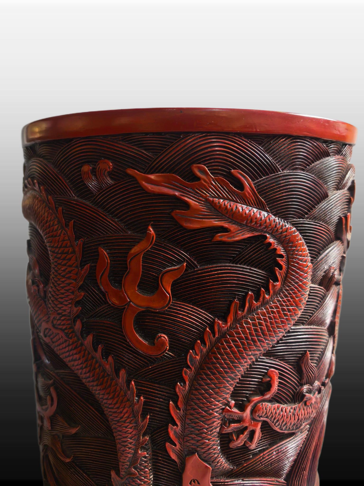 A Exquisite Carved Red Lacquer Dragon Pattern Brush Pot - 8