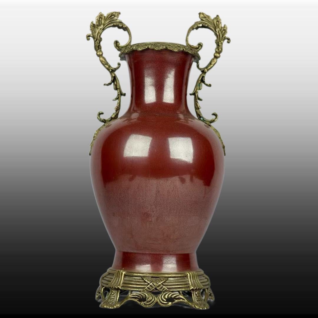 A Exquisite Red Glaze Copper Inlay Lotus Pattern Double-Ears Vase (1 of 9)
