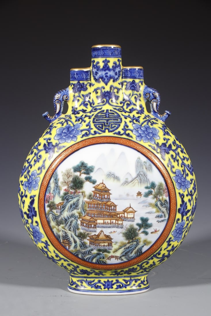 A Exquisite Blue and White Yellow Ground Landscape Pattern Elephant-Ears Vase: A Exquisite Blue and White Yellow Ground Landscape Pattern Elephant-Ears Vase,Qing Dynasty, China,Qianlong Six-character Mark,Size:11.6inx1.4inx7.1in 青花黄地山水&#