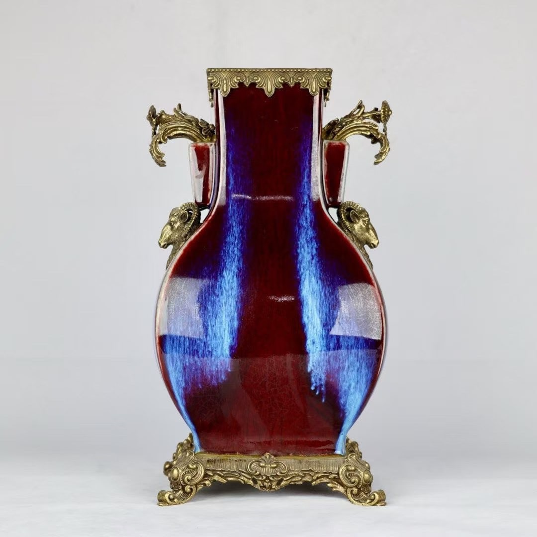 A Exquisite Flambe Glaze Copper Inlay Sheep Head Double-Ears Square Vase (1 of 9)
