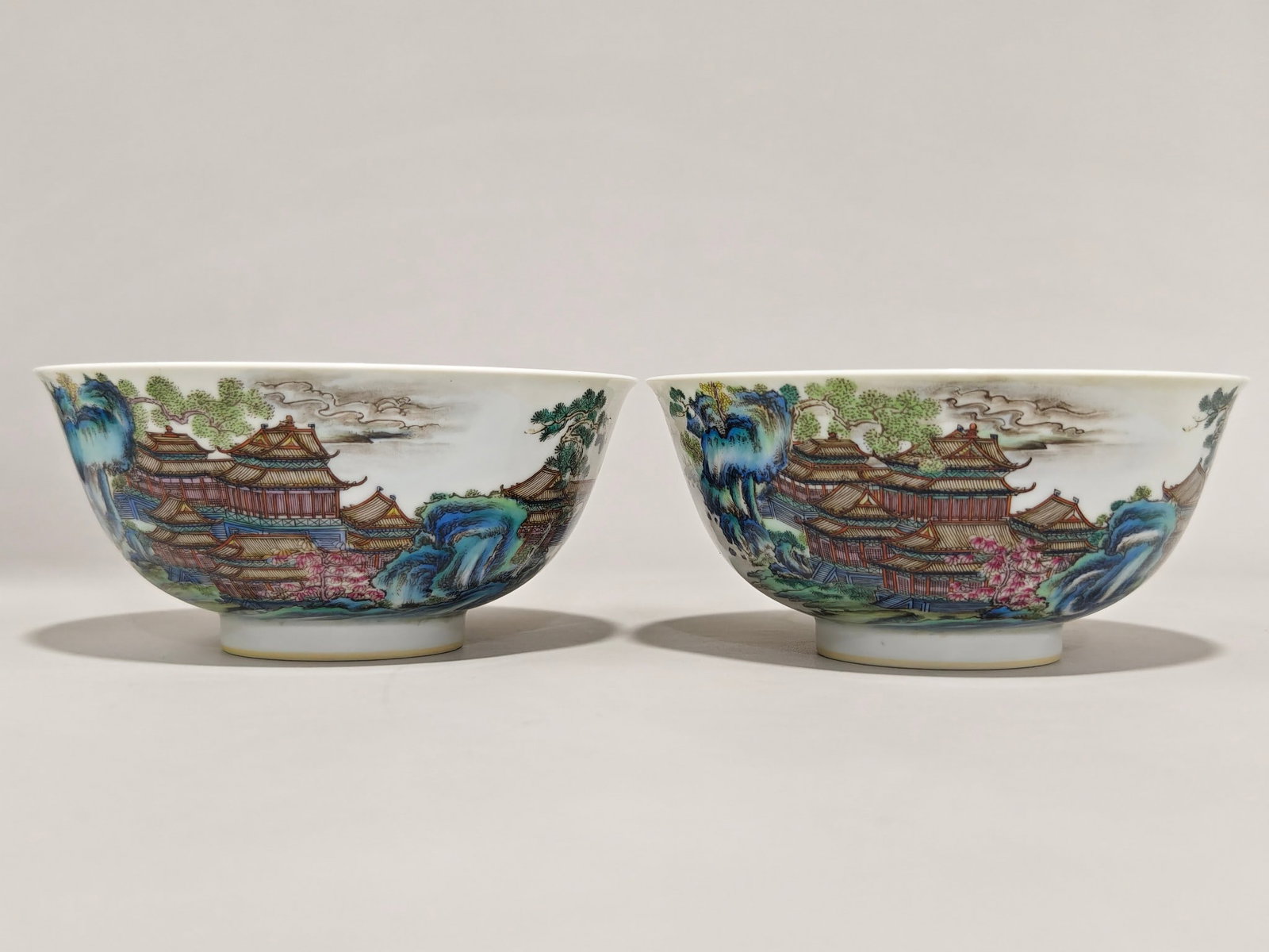 A pair of Exquisite Famille-Rose Landscape Pattern Bowl: A pair of Exquisite Famille-Rose Landscape Pattern Bowl,Qing Dynasty, China,Yongzheng Six-character Mark,Size:2.8inx5.9in