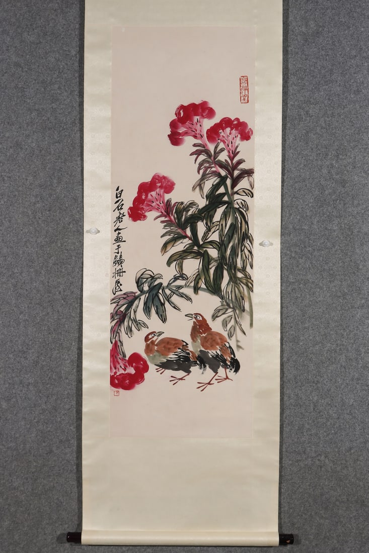 A Chinese Vertical Scroll Ink Painting of Flower and Bird on Paper: A Chinese Vertical Scroll Ink Painting of Flower and Bird on Paper,Modern Time of China,Qi Baishi,without frame size:46.5inx16.1in 一幅中国水墨纸本Ŏ