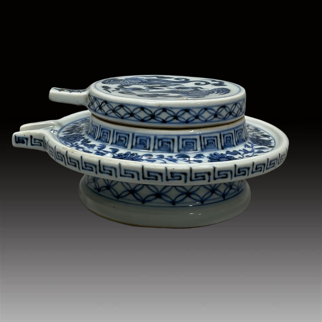 A Exquisite Blue and White Lotus Phoenix Pattern Ornament: A Exquisite Blue and White Lotus Phoenix Pattern Ornament,Qing Dynasty, China,Size:3.1inx6.3in 青花缠枝莲凤纹摆件,中国清代