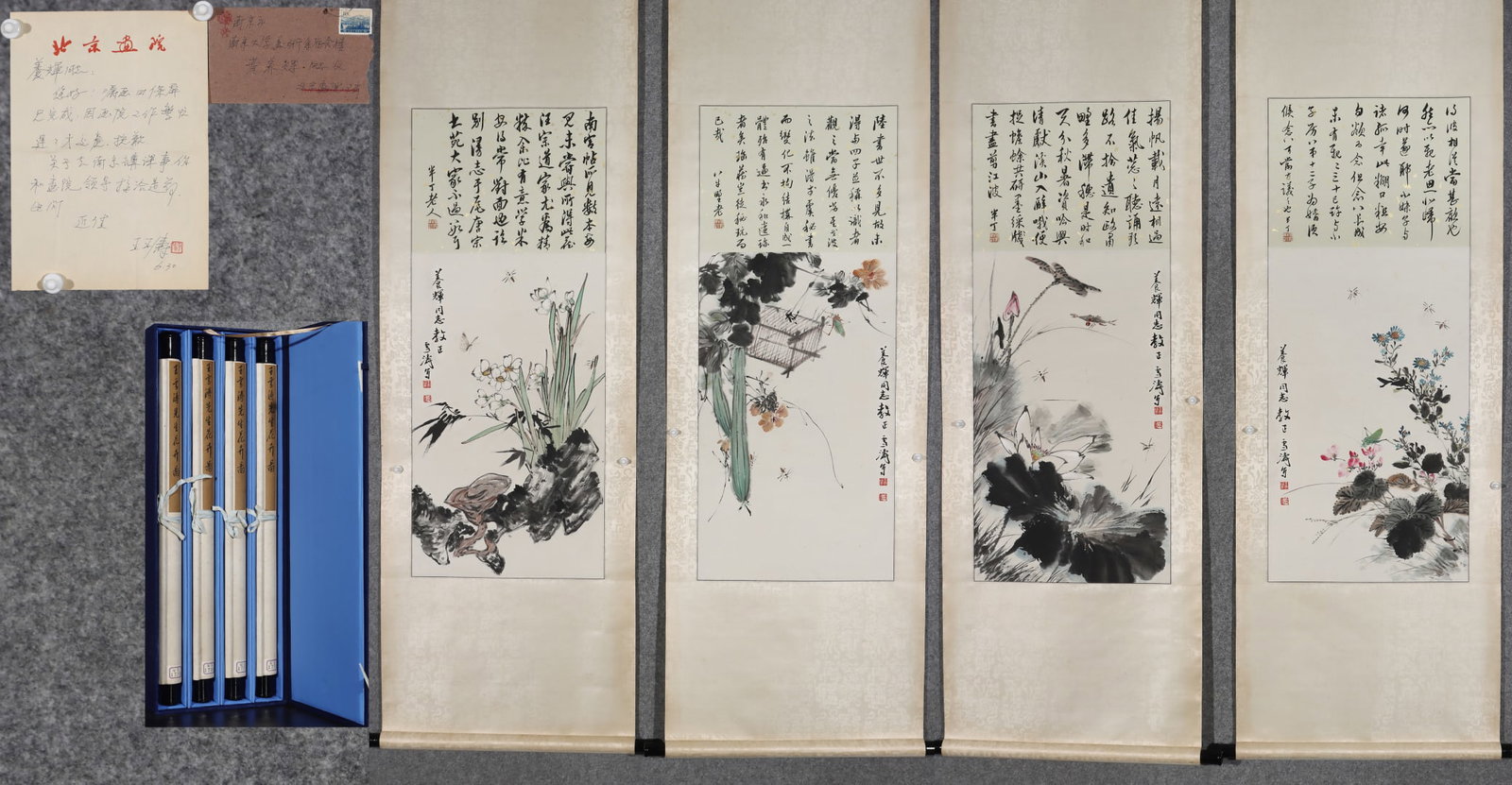 A Set of Chinese Vertical Scroll Ink Painting of Flower on Paper: A Set of Chinese Vertical Scroll Ink Painting of Flower on Paper,Modern Time of China,Wang Xuetao,without frame size:29.5inx17.7in