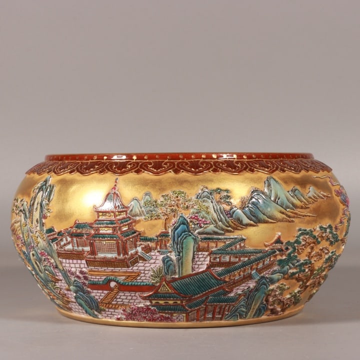 A Exquisite Enamel Gold Ground Landscape Pattern Brush Washer: A Exquisite Enamel Gold Ground Landscape Pattern Brush Washer,Qing Dynasty, China,Qianlong Six-character Mark,Size:3.5inx7.3in 珐琅彩金地山水纹水&