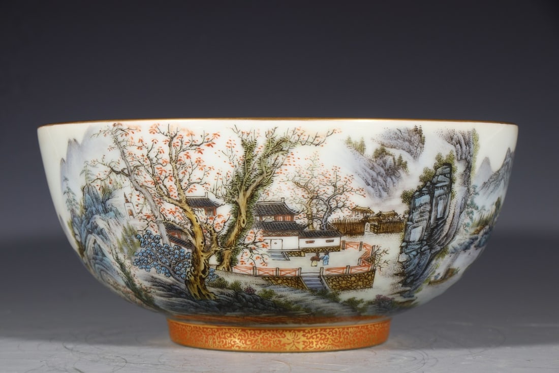 A Exquisite Enamel Landscape Pattern Bowl: A Exquisite Enamel Landscape Pattern Bowl,Qing Dynasty, China,Size:3.9inx9.1inx4.1in 珐琅彩山水纹碗,中国清代