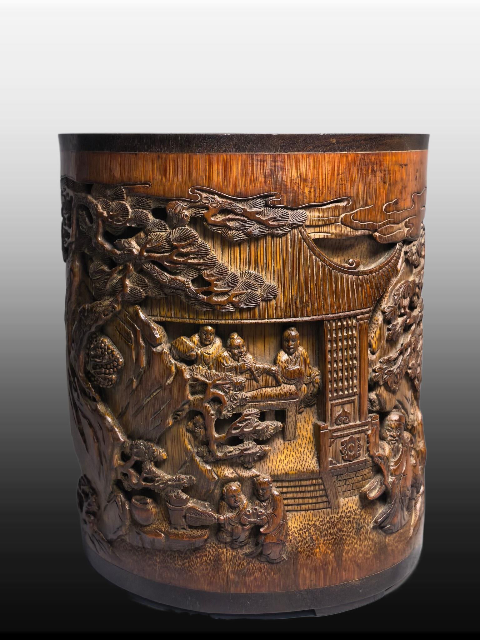 A Exquisite Bamboo Carved Character and Story Pattern Brush Pot: A Exquisite Bamboo Carved Character and Story Pattern Brush Pot,Qing Dynasty, China,Size:6.3inx7.5in,Weight:950g