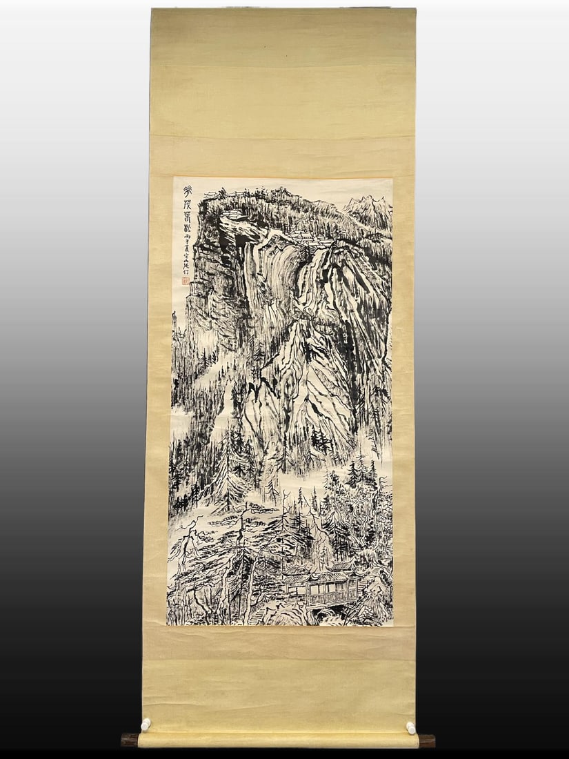 A Chinese Vertical Scroll Ink Painting of Landscape on Paper: A Chinese Vertical Scroll Ink Painting of Landscape on Paper,Modern Time of China,Zhang Ding,without frame size:27.6inx55.1in 一幅中国水墨纸本山&#