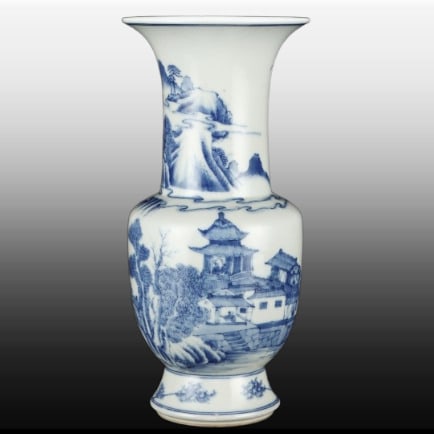 A Exquisite Blue and White Landscape Pattern Vase: A Exquisite Blue and White Landscape Pattern Vase,Republic of China,With Mark,Size:8.7inx3.9in 青花山水纹瓶,民国,带款