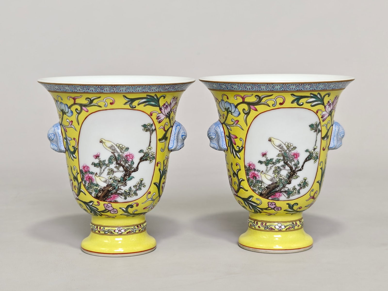 A pair of Exquisite Famille-Rose Flower and Bird Pattern Beast-Ears Cup: A pair of Exquisite Famille-Rose Flower and Bird Pattern Beast-Ears Cup,Qing Dynasty, China,Qianlong Six-character Mark,Size:4.4inx4in 一对粉彩花鸟纹兽&