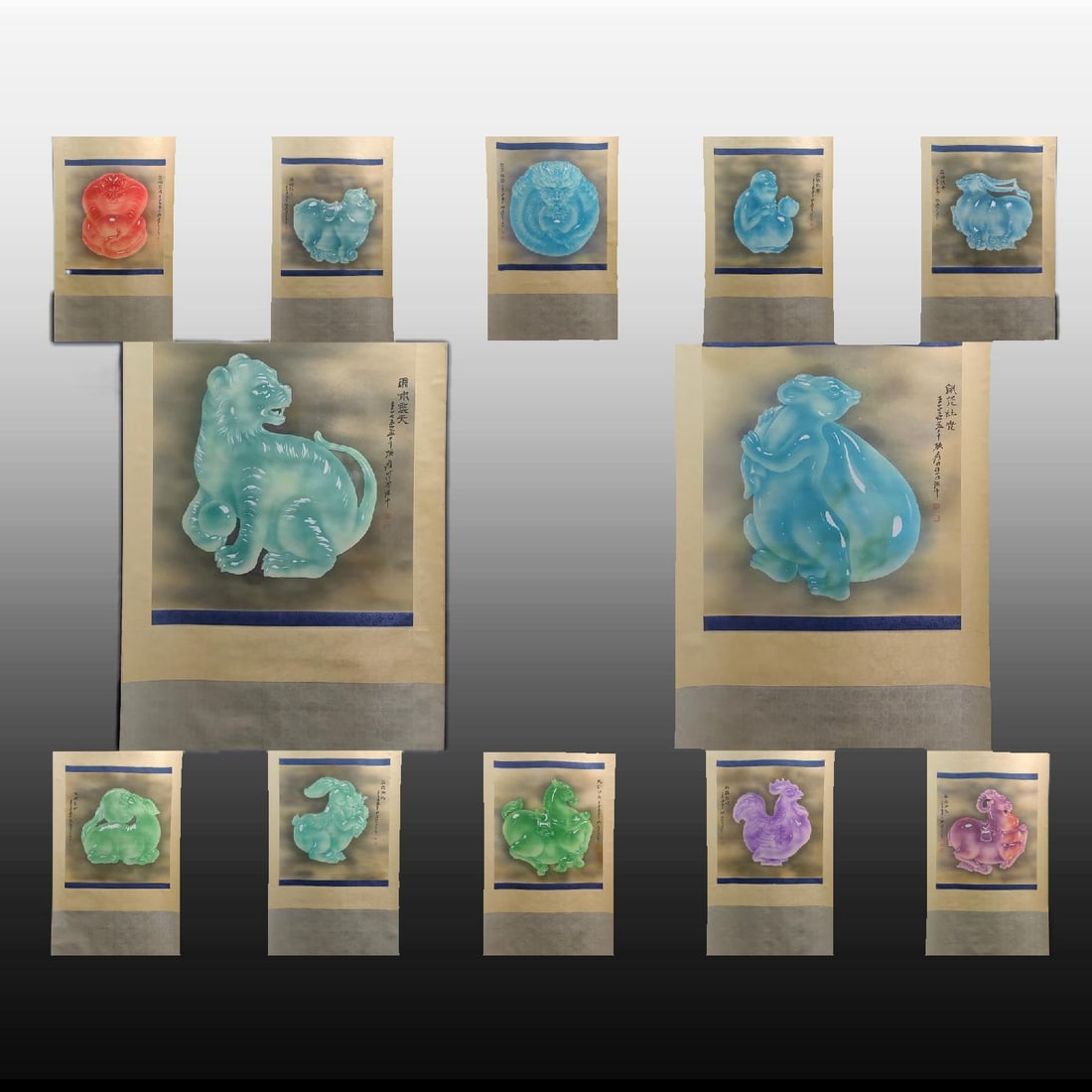 A Set of Chinese Vertical Scroll Ink Paintings of Jades on Paper: A Set of Chinese Vertical Scroll Ink Paintings of Jades on Paper,Modern Time of China,Zhang Daqian,without frame size:26inx27in