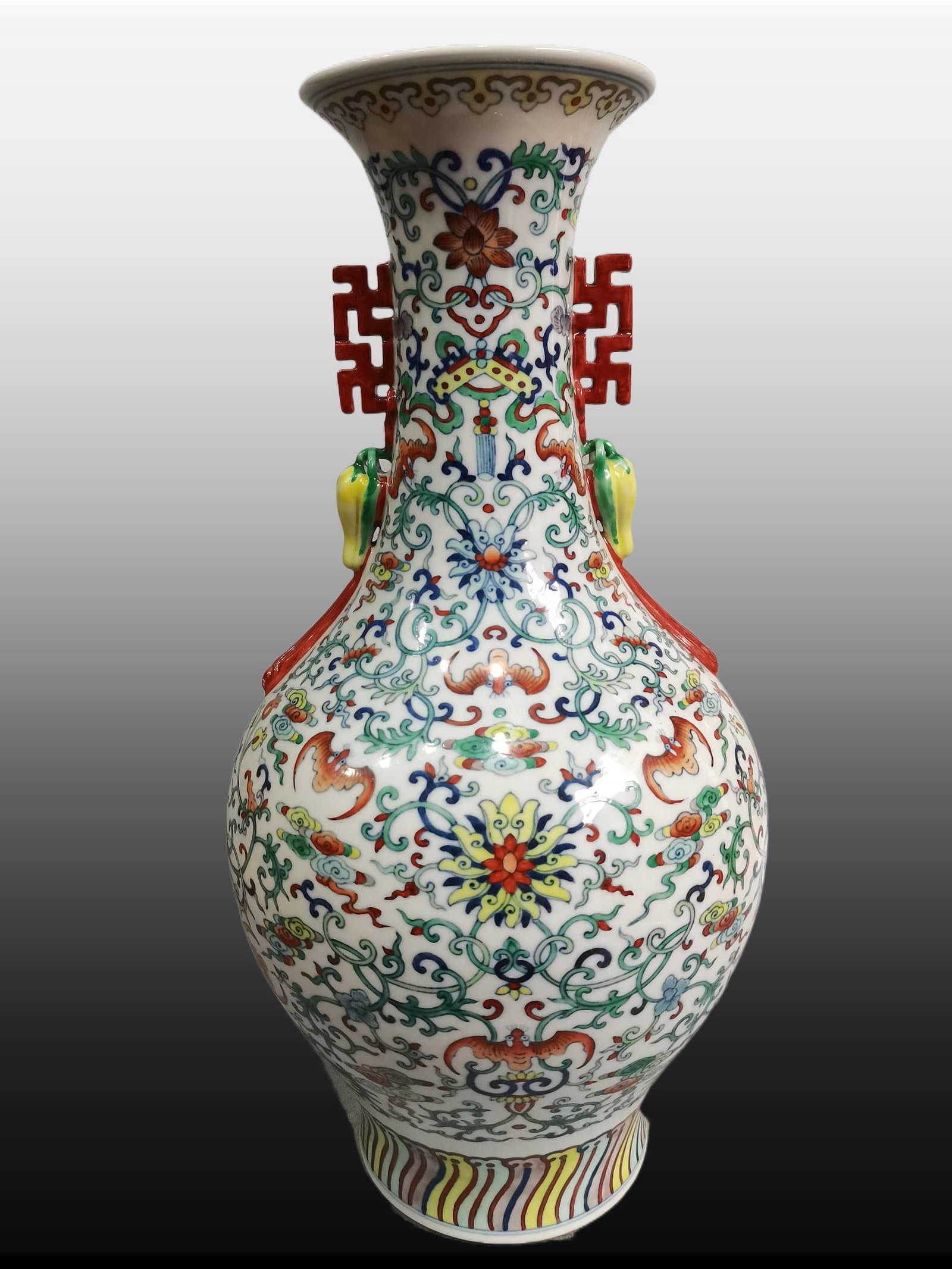 A Exquisite Doucai Lotus Pattern Double-Ears Vase: A Exquisite Doucai Lotus Pattern Double-Ears Vase,Qing Dynasty, China,Qianlong Six-character Mark,Size:17.4inx9.1in