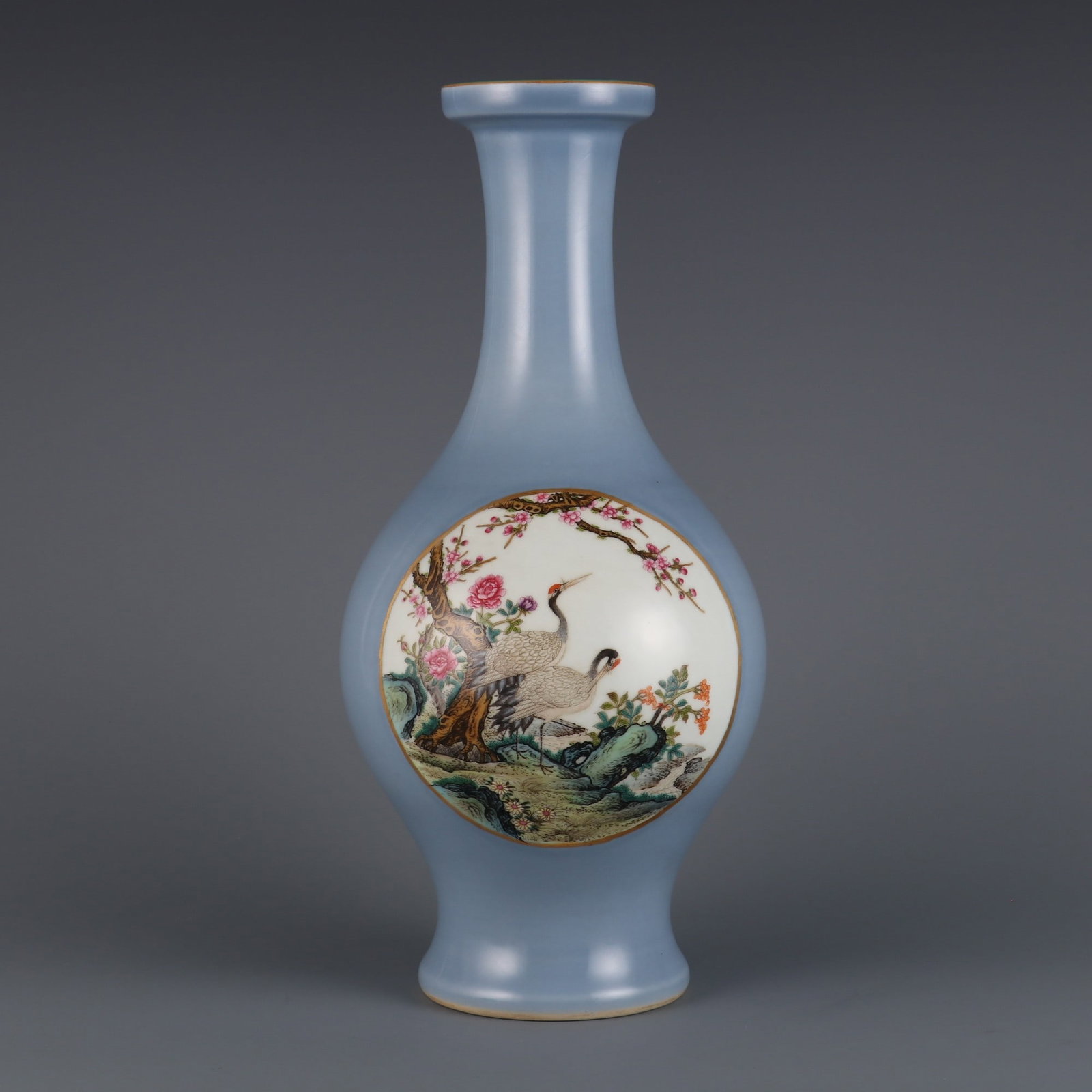 A Exquisite Sky Blue Glazed Famille-Rose Pine and Crane Pattern Vase: A Exquisite Sky Blue Glazed Famille-Rose Pine and Crane Pattern Vase,Qing Dynasty, China,Qianlong Six-character Mark,Size:13.7inx3.1in 天蓝釉粉彩松鹤纹&
