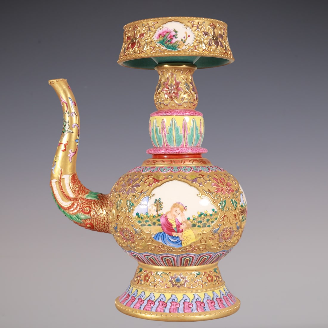 An Exquisite Enamel Lotus Pattern Character and Story Pattern Ewer: An Exquisite Enamel Lotus Pattern Character and Story Pattern Ewer Qing Dynasty, China Qianlong Six-character Mark