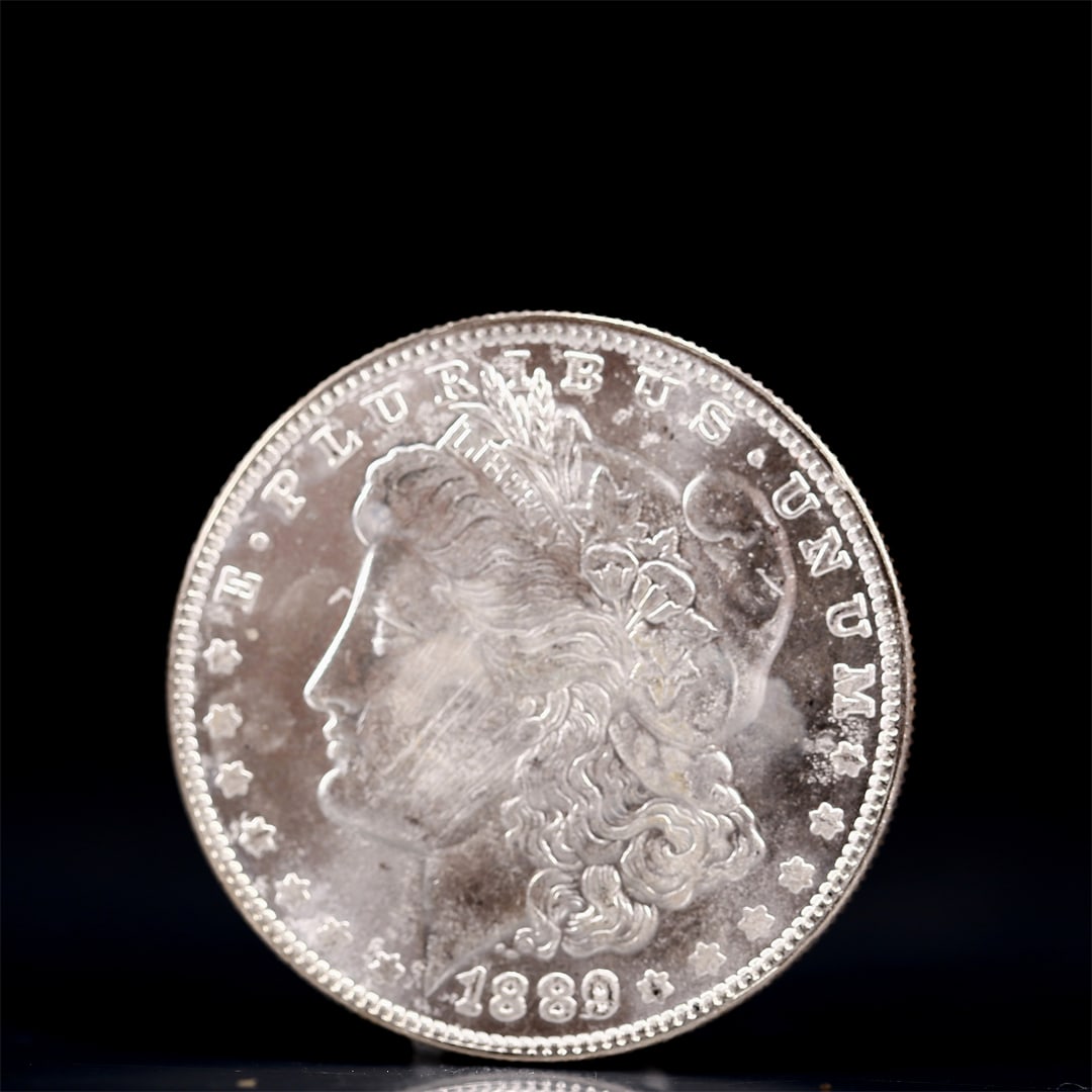 USA Morgan Dollar 1889 Coin: Obv: profile bust with date below and E PLURIBUS UNUM legend and stars around. Rev: eagle with In God we trust above within wreath with UNITED STATES OF AMERICA ONE DOLLAR legend. IN GOD WE TRUST /