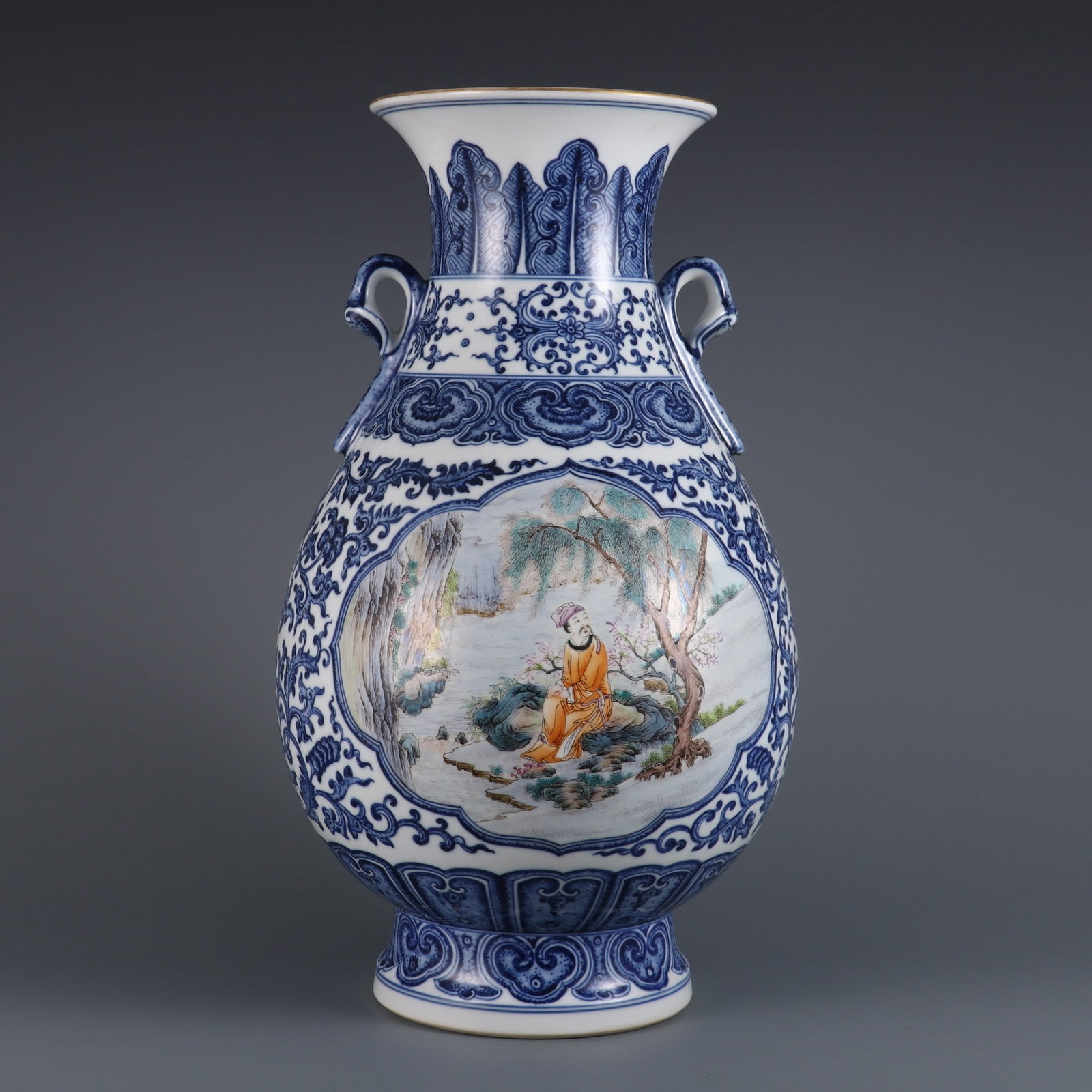 An Exquisite Famille-Rose Blue and White Lotus Pattern Character and Story Pattern Double-Ears Vase: An Exquisite Famille-Rose Blue and White Lotus Pattern Character and Story Pattern Double-Ears Vase Qing Dynasty, China Qianlong Six-character Mark Size:15.7in青花加粉彩&