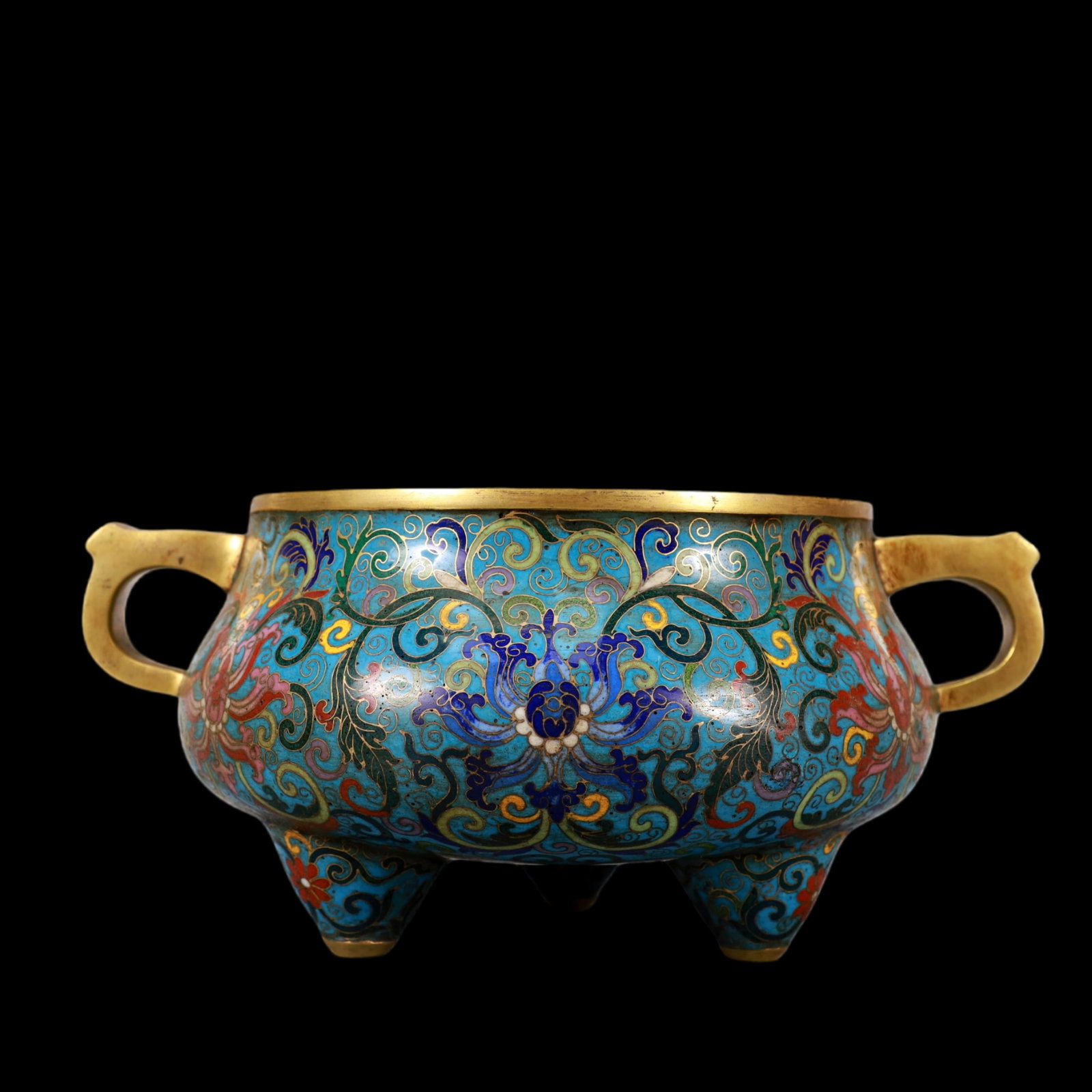 A Exquisite Cloisonne Gilt Bronze Lotus Pattern Double-Ears Tripod Censer (1 of 6)