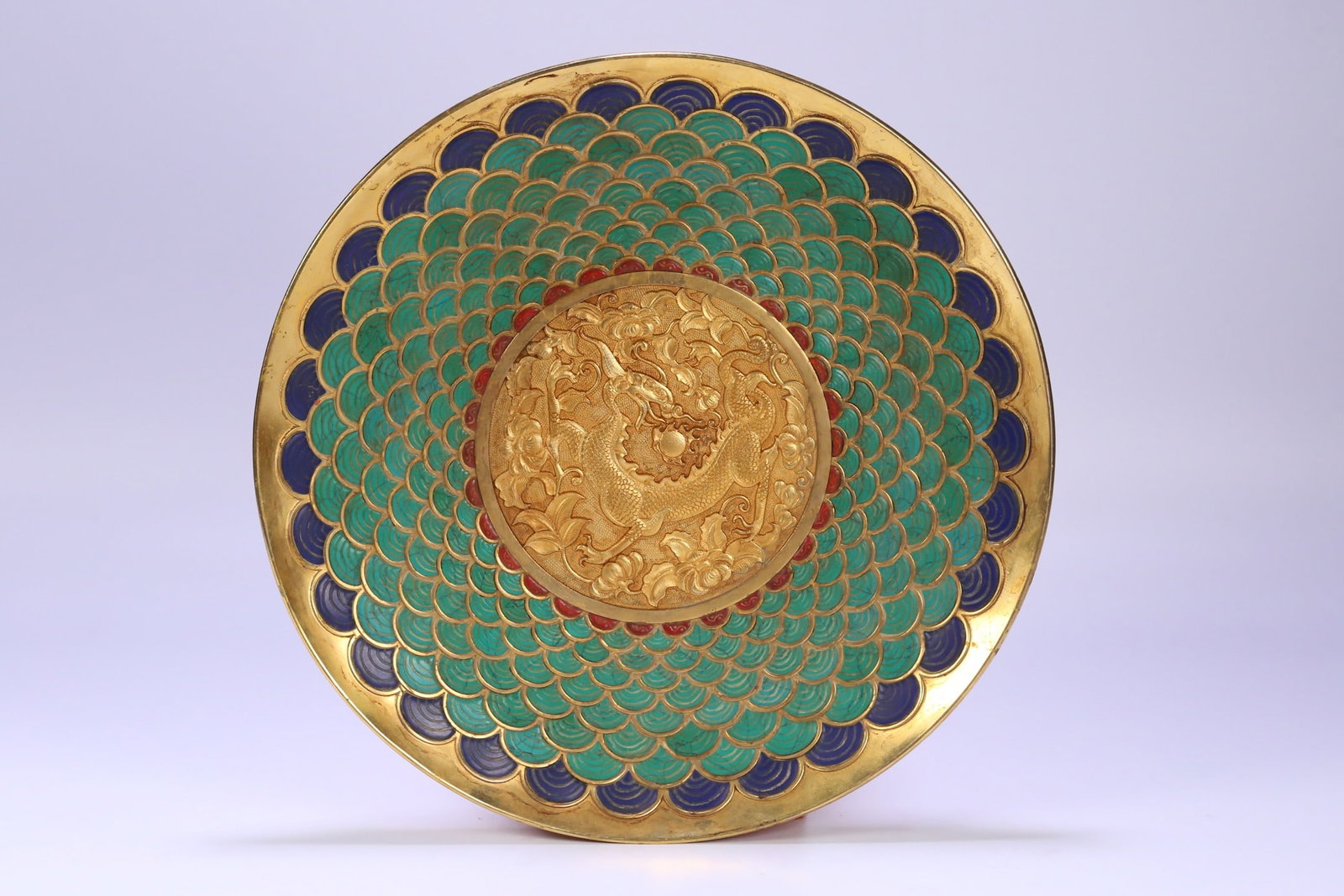 An Exquisite Gilt Bronze Inlaid Turquoise Lapis Lazuli Turquoise Dragon Pattern Plate (1 of 9)