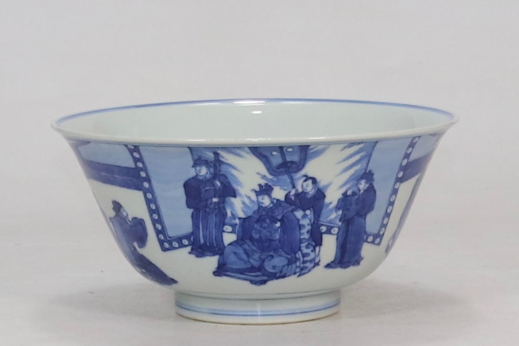 An Exquisite Blue and White Character and Story Pattern Bowl: An Exquisite Blue and White Character and Story Pattern Bowl Qing Dynasty, China Kangxi Six-character Mark Size:3.9inx8.1in青花人物故事图纹碗 