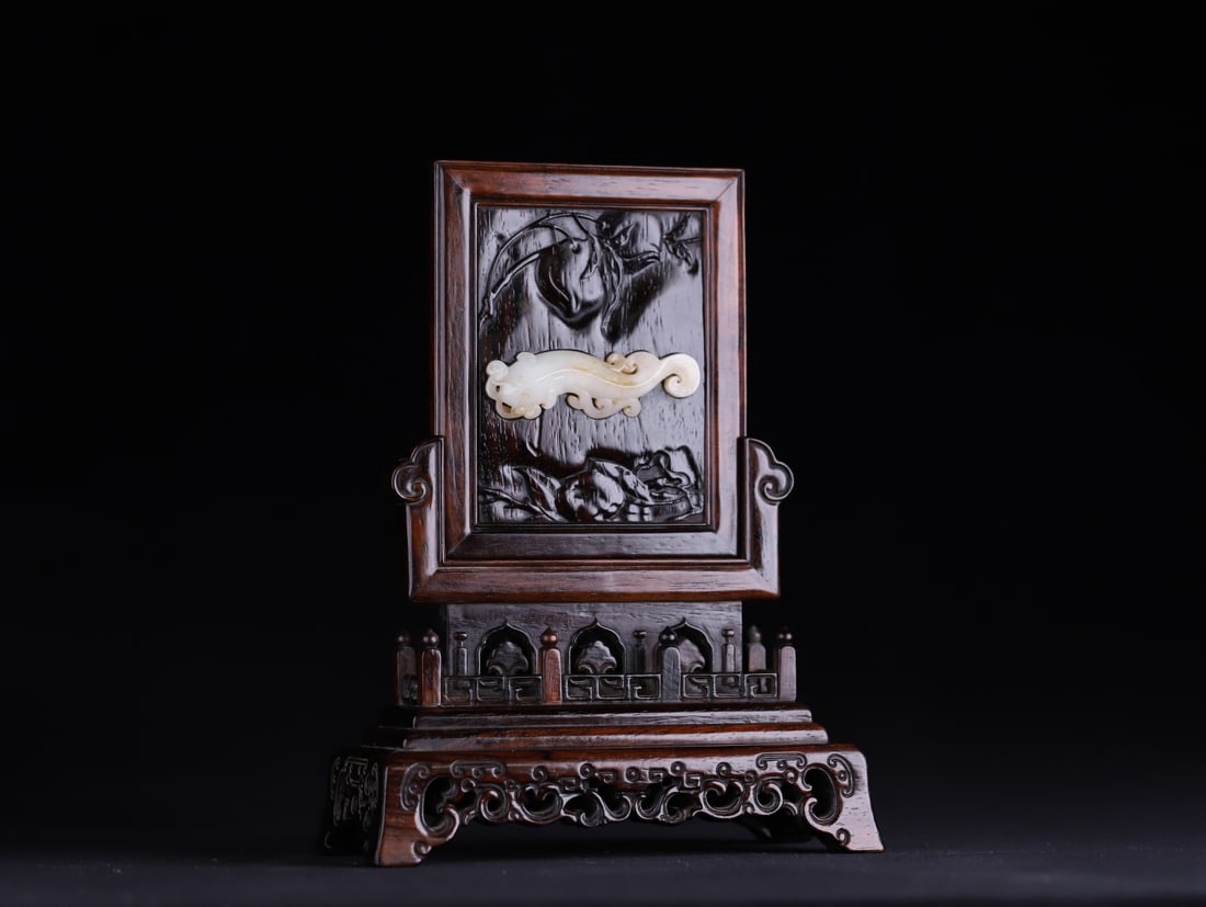 An Exquisite Zitanwood Inlaid White Jade Fish Pattern with poem Screen (1 of 9)