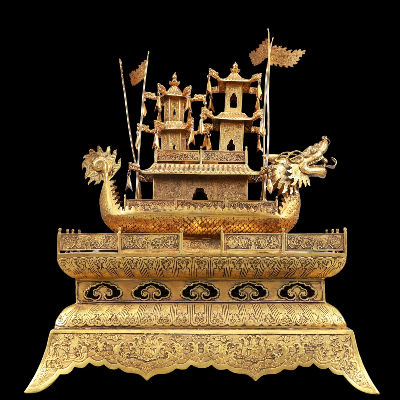 A Exquisite Gilt Bronze Seawater Pattern Lotus Pattern with poem Boat Ornament (1 of 8)