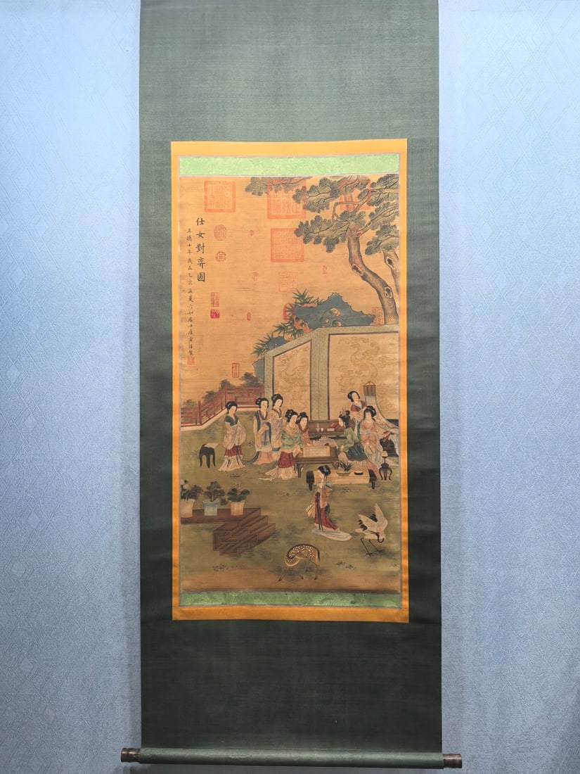 A Chinese Vertical Scroll Ink Painting of Character and Story on Silk: A Chinese Vertical Scroll Ink Painting of Character and Story on Silk Tang yin Without frame Size:23.6inx45.1in唐寅仕女对弈图 绢本立轴