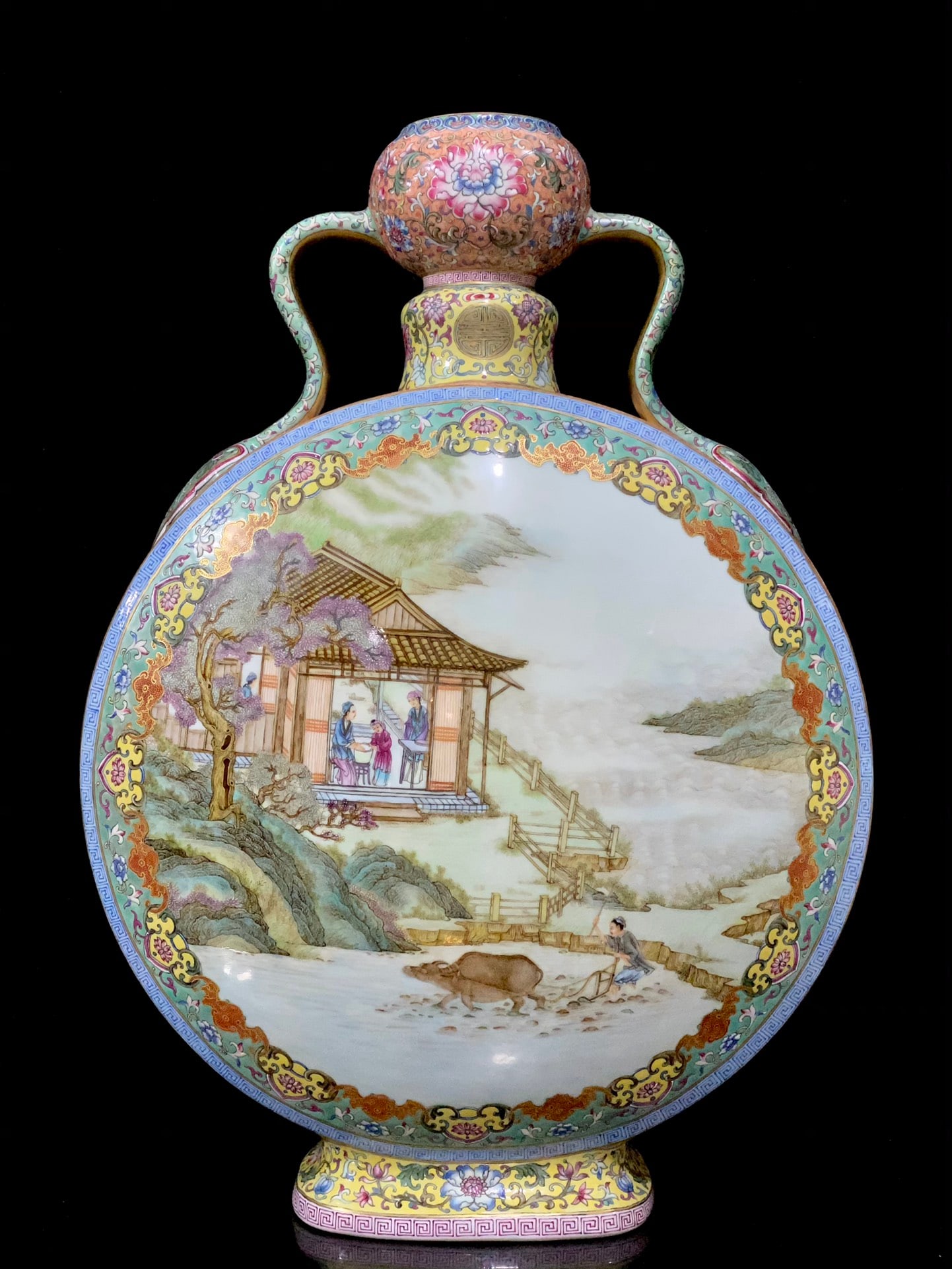 An Exquisite Famille-Rose Lotus Pattern Bats and Peach Pattern Landscape and Figure Pattern: An Exquisite Famille-Rose Lotus Pattern Bats and Peach Pattern Landscape and Figure Pattern Double-Ears Vase Qing Dynasty, China Qianlong Four-character Mark