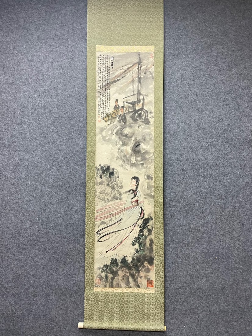 A Chinese Vertical Scroll Ink Painting of Figure on Paper: A Chinese Vertical Scroll Ink Painting of Figure on Paper Fu baoshi Without frame Size:13.6inx53.1in傅抱石山鬼 纸本立轴Without frame Size:34.5cmx1
