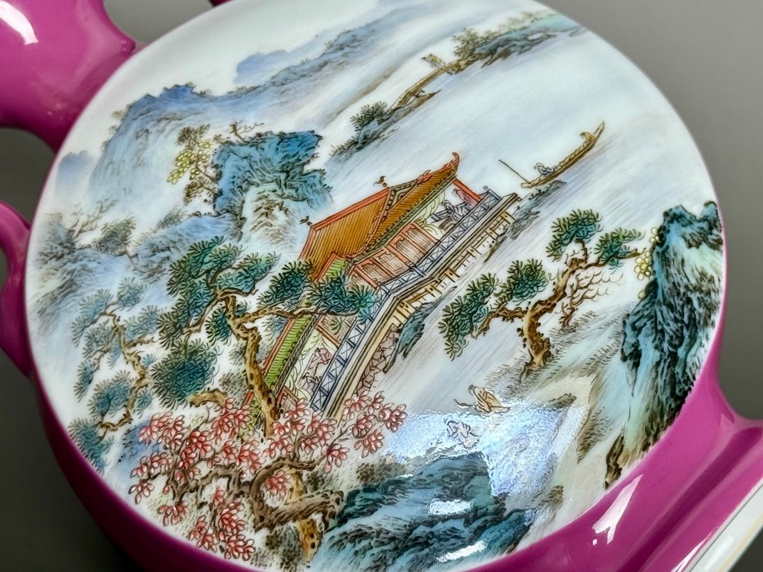 An Exquisite Ruby Red-Glazed Landscape Pattern Double-Ears Vase - 5