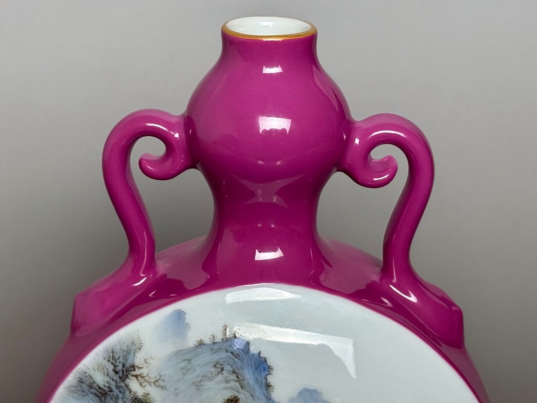An Exquisite Ruby Red-Glazed Landscape Pattern Double-Ears Vase - 7