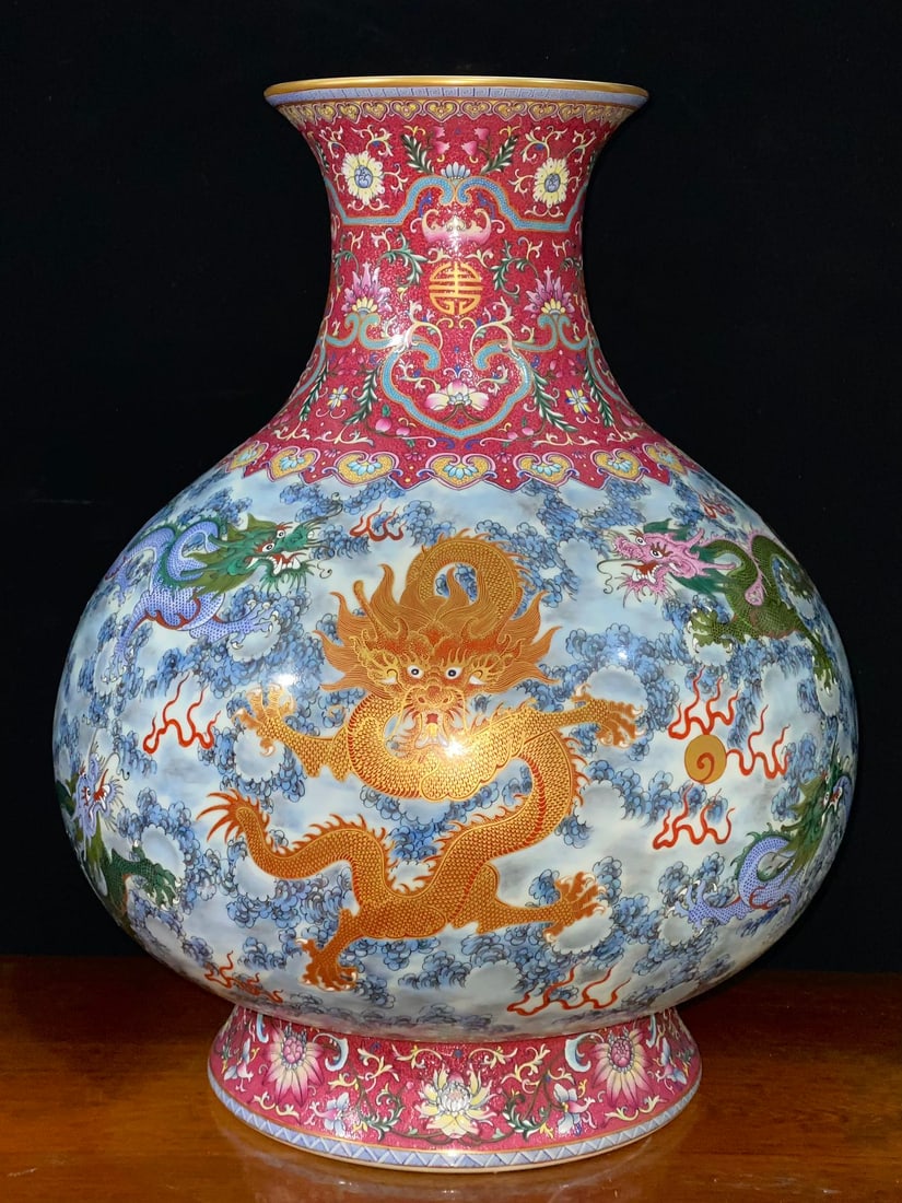 An Exquisite Ruby Red-Glazed Bats and Peach Pattern Lotus Pattern Dragon Pattern Vase - 6