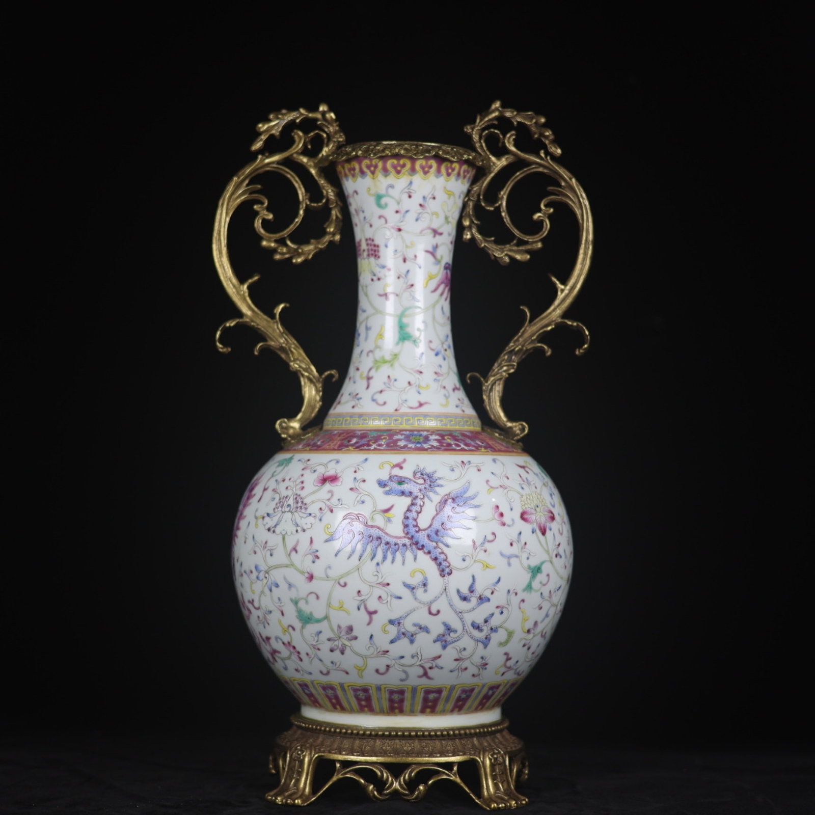 A Huge Famille-Rose Inlaid Bronze Lotus,Dragon and Phoenix Pattern Double-Ears Vase: A Huge Famille-Rose Inlaid Bronze Lotus,Dragon and Phoenix Pattern Double-Ears Vase,Qing Dynasty,China,Jiaqing Six-character Mark,Size:18.5inx4.7inx10.2inx6.9in 粉彩镶铜缠