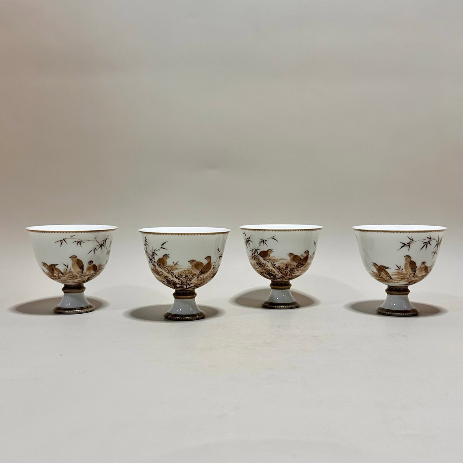 A Set of Exquisite Ink Color Flower and Bird Pattern Stem Cups: A Set of Exquisite Ink Color Flower and Bird Pattern Stem Cups,Qing Dynasty,China,Yongzheng Four-character Mark,Size:2.8inx3in 一套墨彩花鸟纹高足&