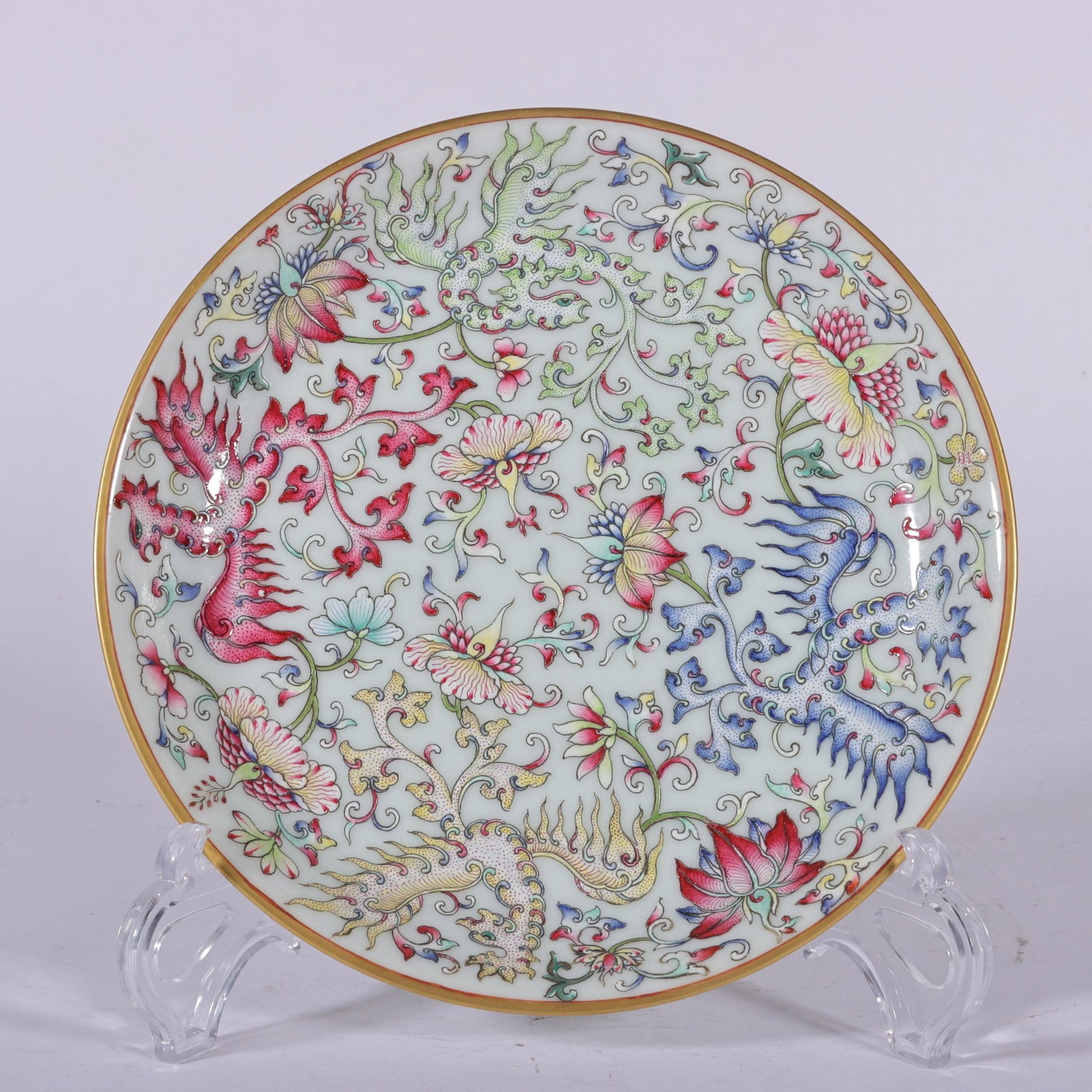An Exquisite Famille-Rose Lotus and Phoenix Pattern Plate: An Exquisite Famille-Rose Lotus and Phoenix Pattern Plate,Qing Dynasty,China,Guangxu Six-character Mark,Size:1.3inx7.1in 粉彩缠枝莲凤纹盘子,ߑ